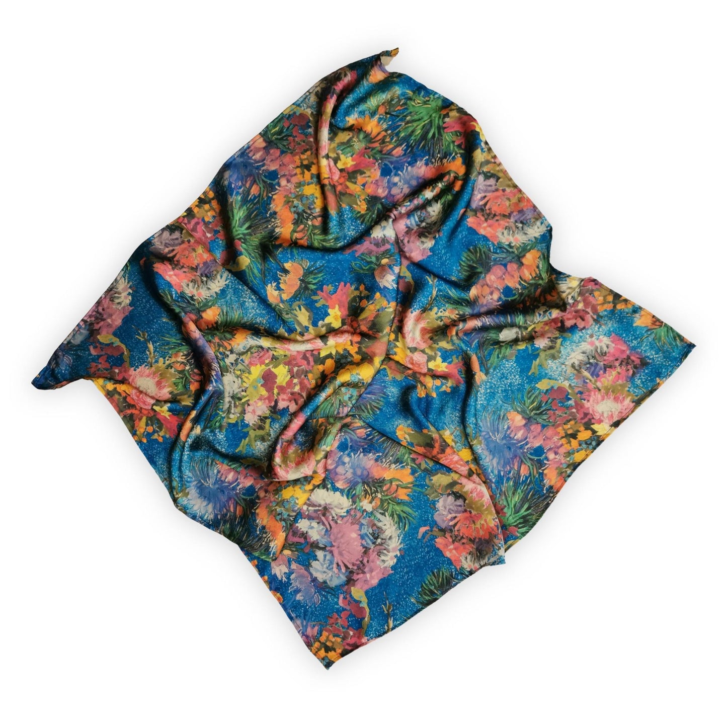 Natalie Anderson royal blue brush stroke floral motif satin scarf