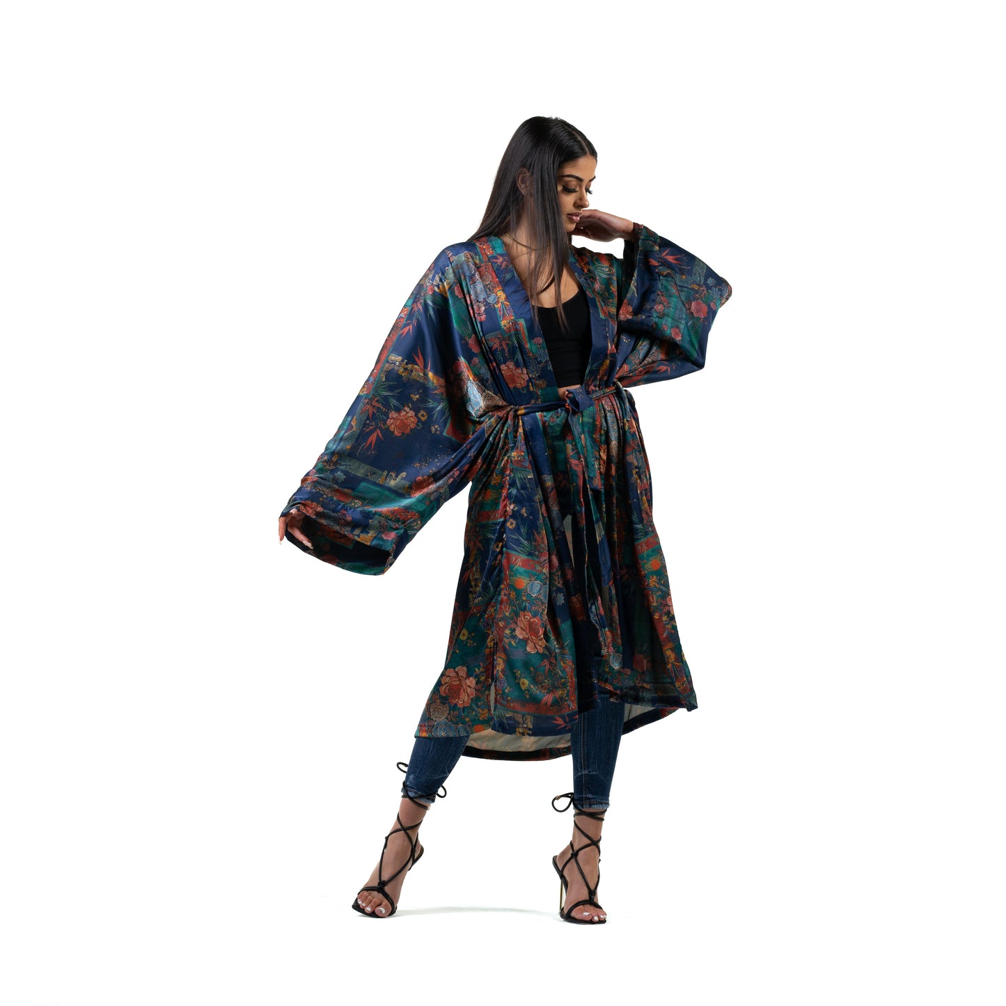 Natalie Anderson Navy liquid satin kimono with bamboo and Chrysanthemum print - model front view belt tied