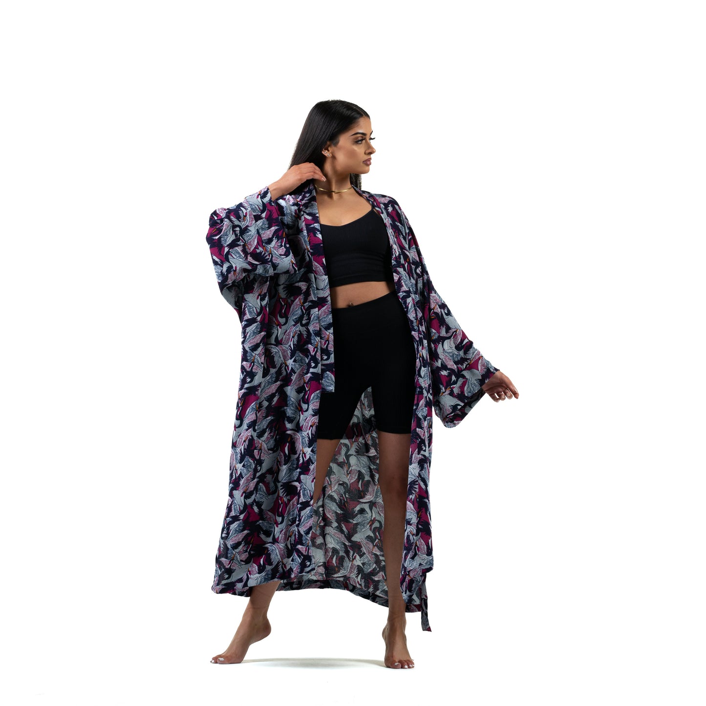 Natalie Anderson Crane print Viscose Kimono, Navy, grey and pink detailing , full sleeves with belt - model full front view
