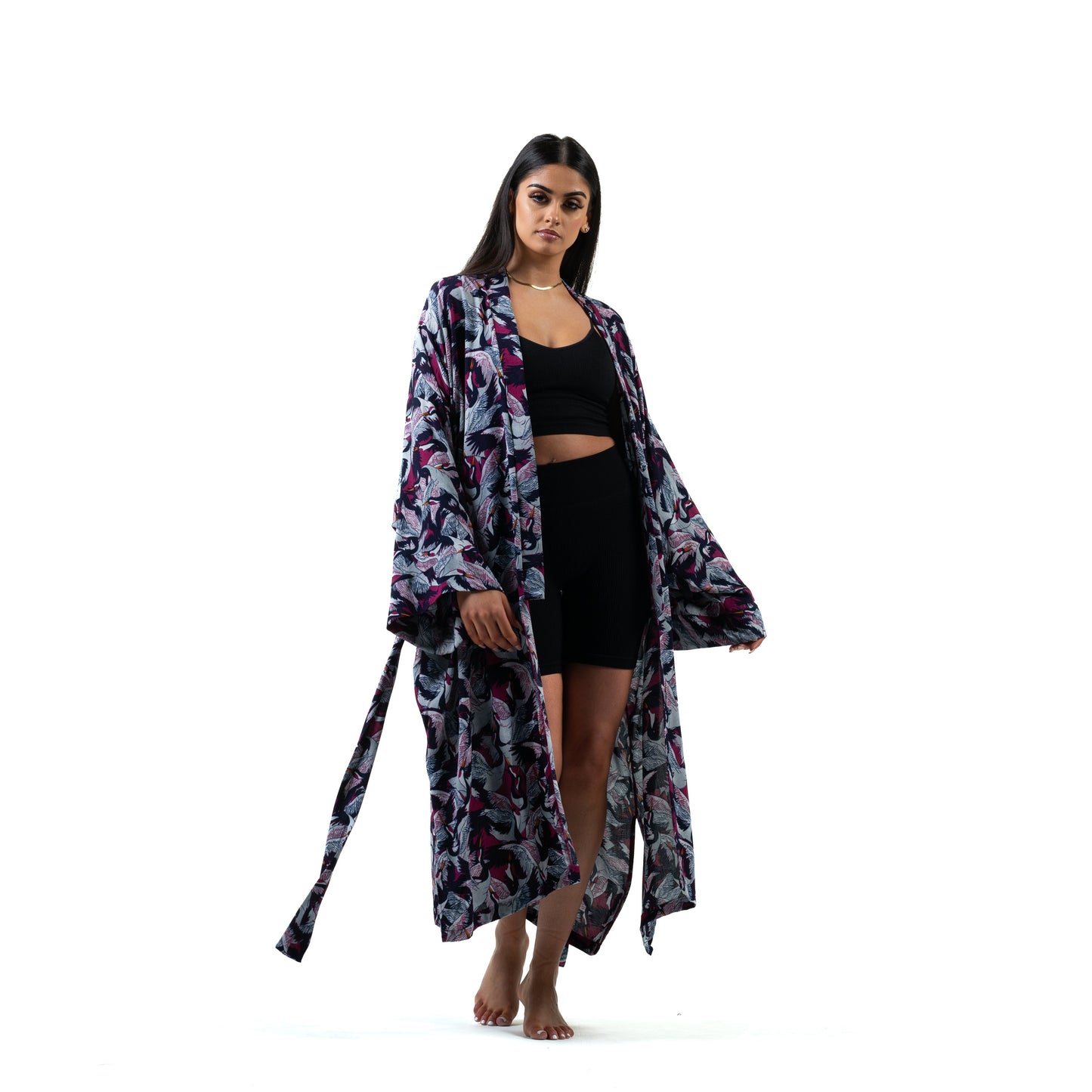 Natalie Anderson Crane print Viscose Kimono, Navy, grey and pink detailing , full sleeves with belt - model front view
