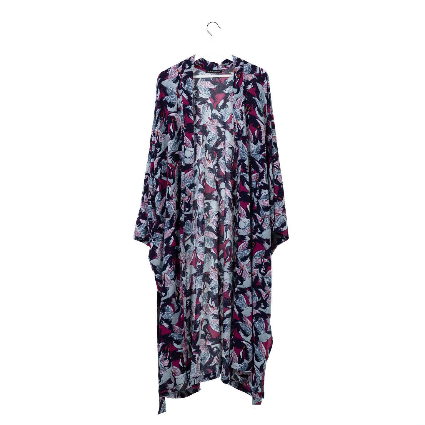 Natalie Anderson Crane print Viscose Kimono, Navy, grey and pink detailing , full sleeves with belt - front view