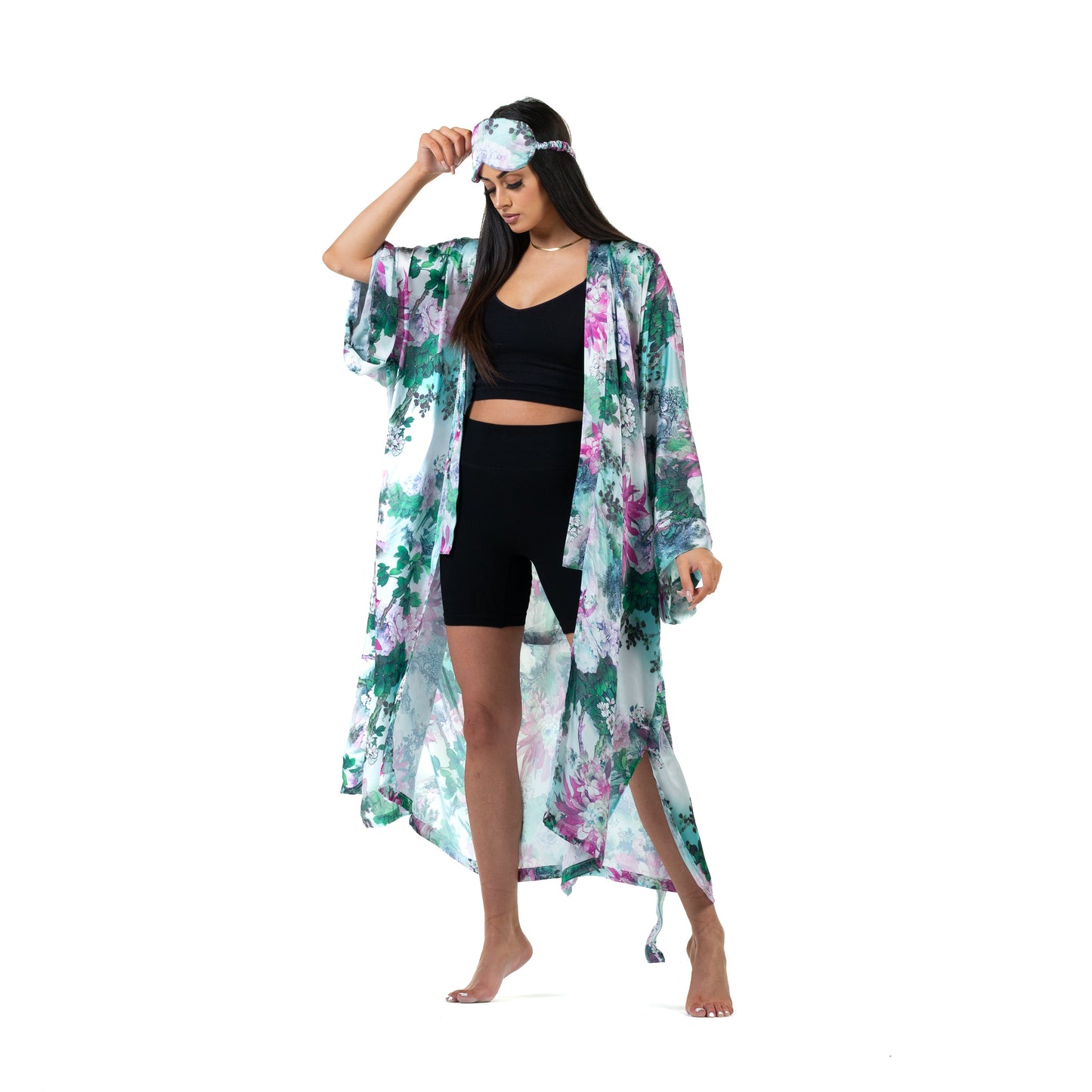 Natalie Anderson mint pastel floral kimono and eye mask, fragrant bloom print - Model front view loungewear
