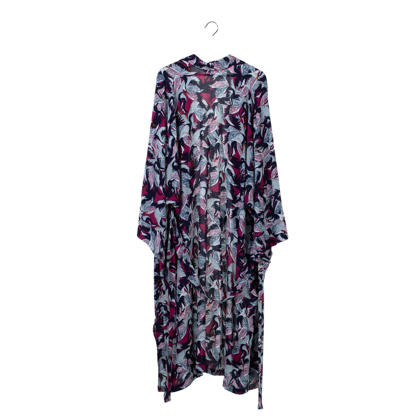 Natalie Anderson Crane print Viscose Kimono, Navy, grey and pink detailing , full sleeves with belt - back view