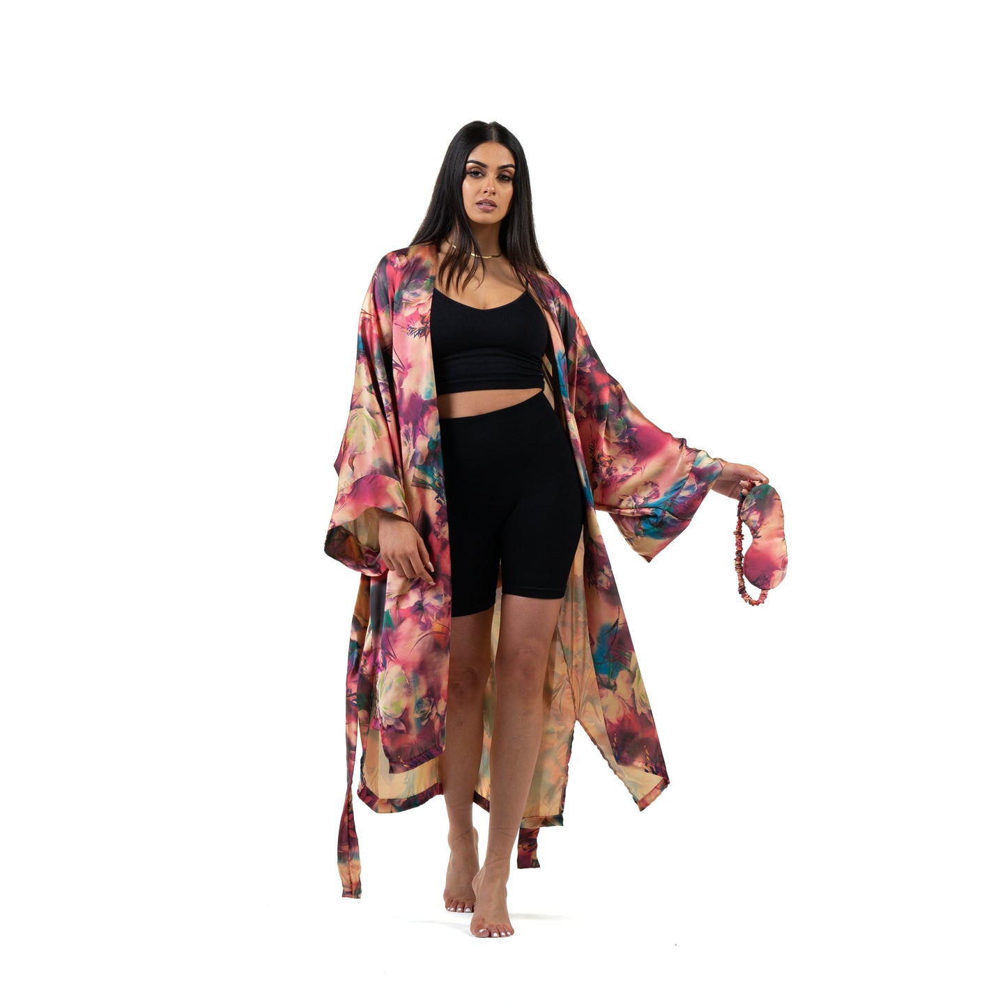 Natalie Anderson satin sunset kimono in orange, pink, nude and teal - model front view with matching eye mask