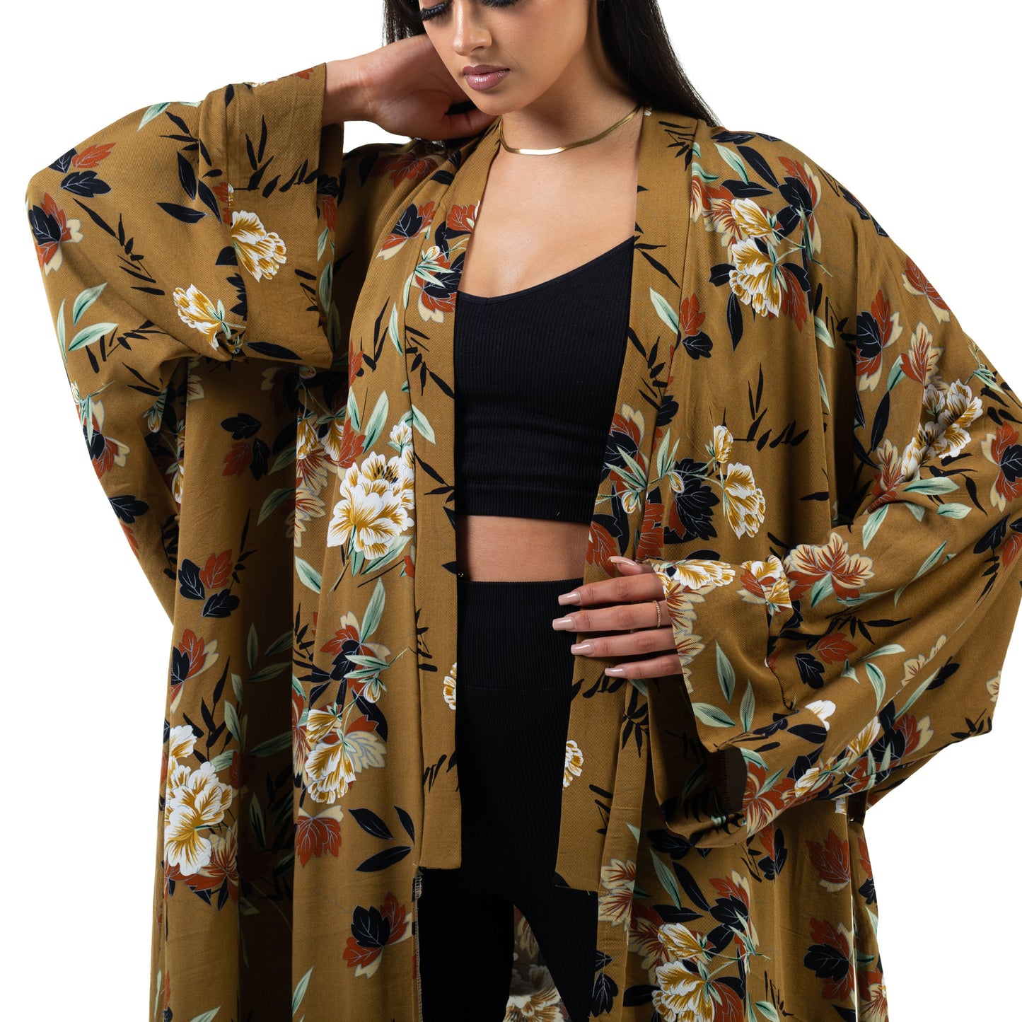 Natalie Anderson Chrysanthemum Kimono in tobacco - close up