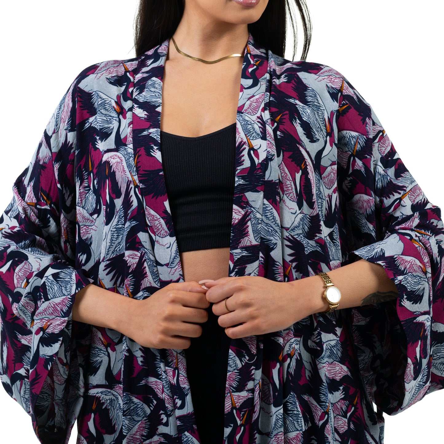 Natalie Anderson Crane print Viscose Kimono, Navy, grey and pink detailing , full sleeves with belt - close up