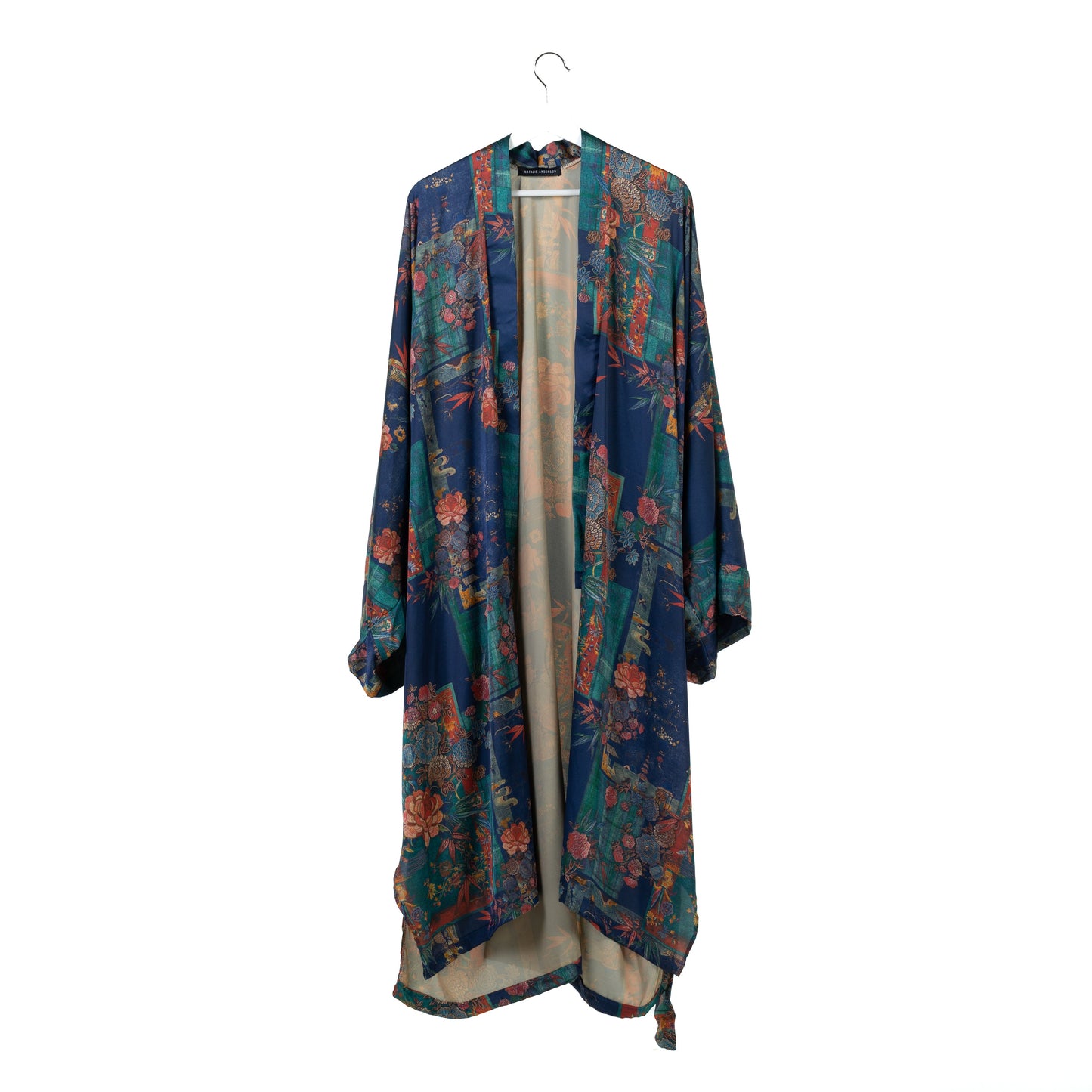 Natalie Anderson Navy liquid satin kimono with bamboo and Chrysanthemum print - front view