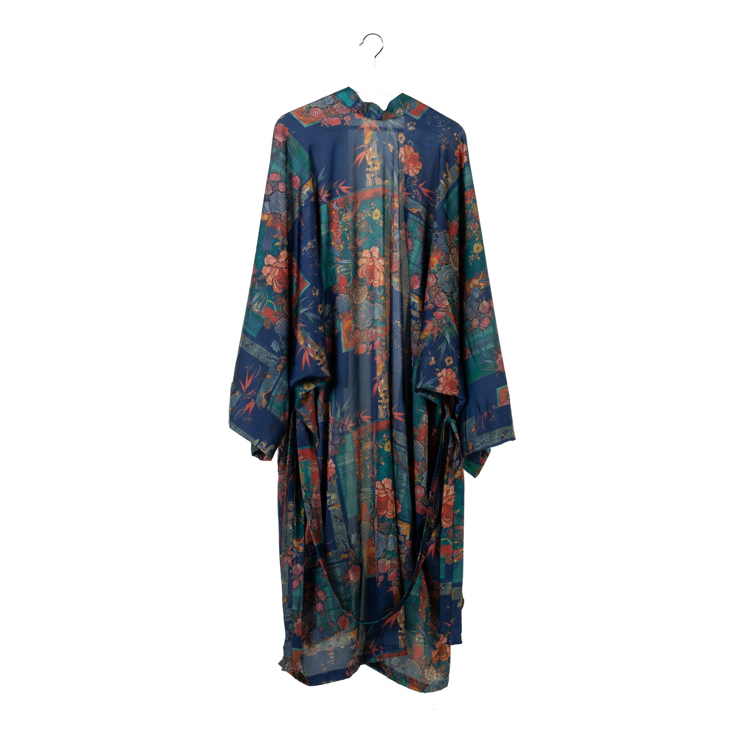 Natalie Anderson Navy liquid satin kimono with bamboo and Chrysanthemum print - back view