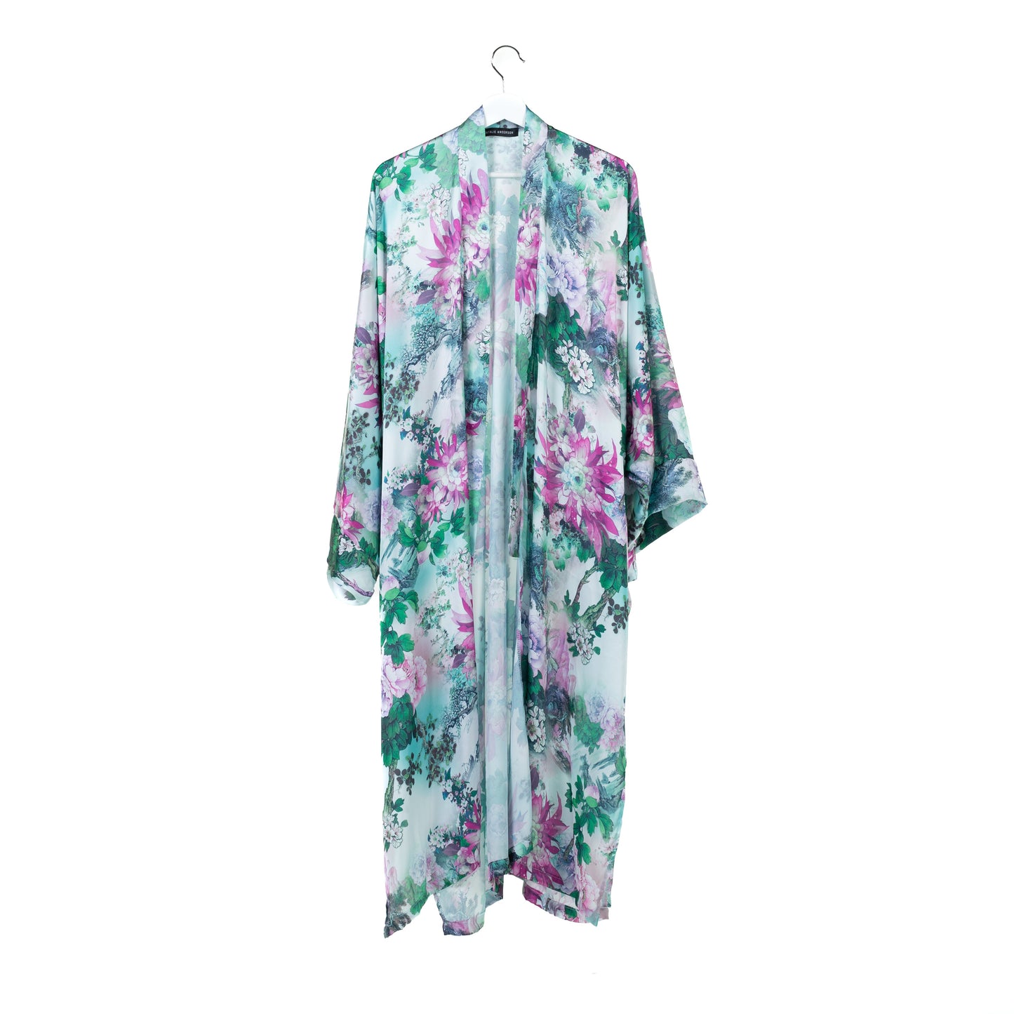 Natalie Anderson mint green and pink flower kimono, fragrant bloom print - front view
