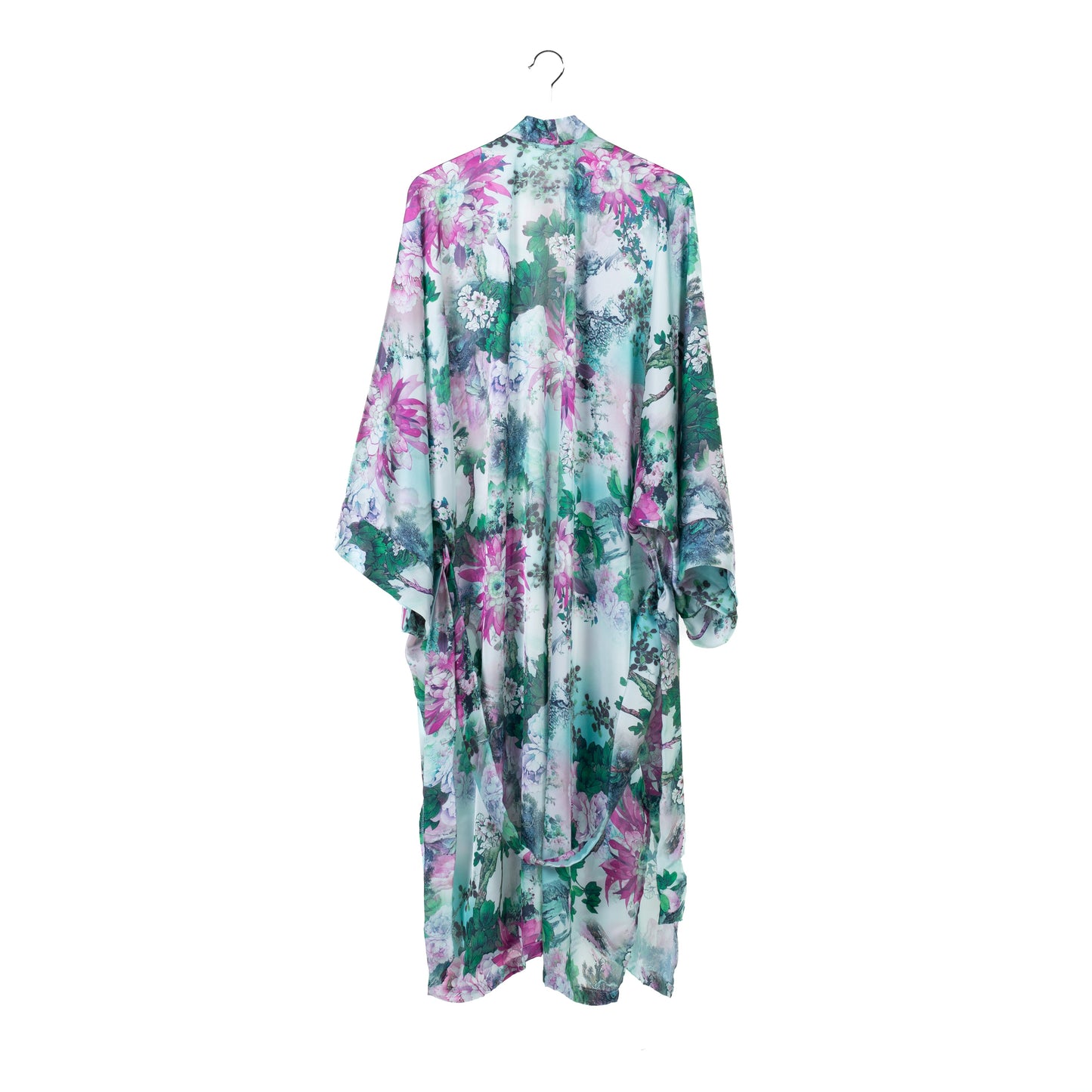 Natalie Anderson mint green and pink flower kimono, fragrant bloom print - back view