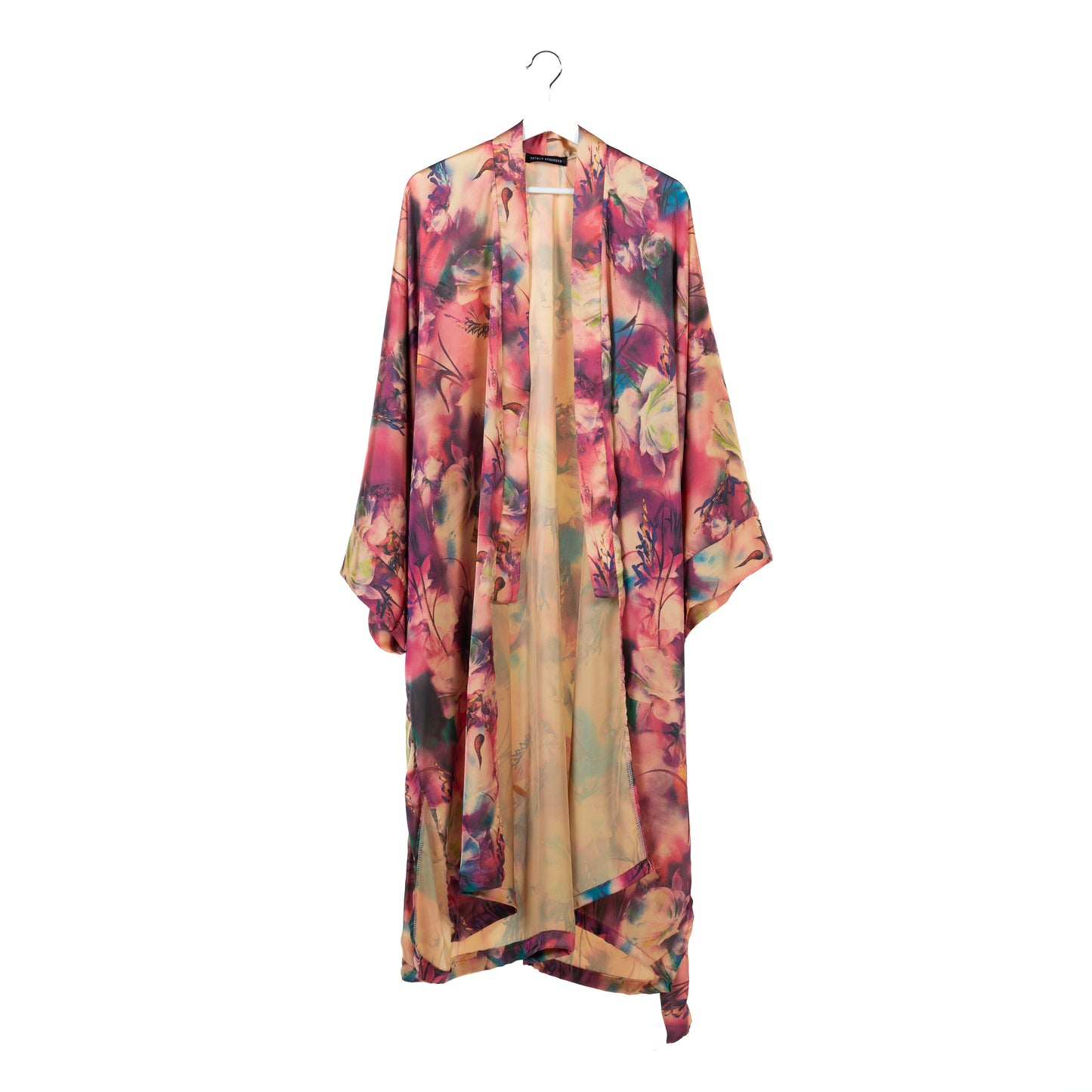 Natalie Anderson satin sunset kimono in orange, pink, nude and teal - front view