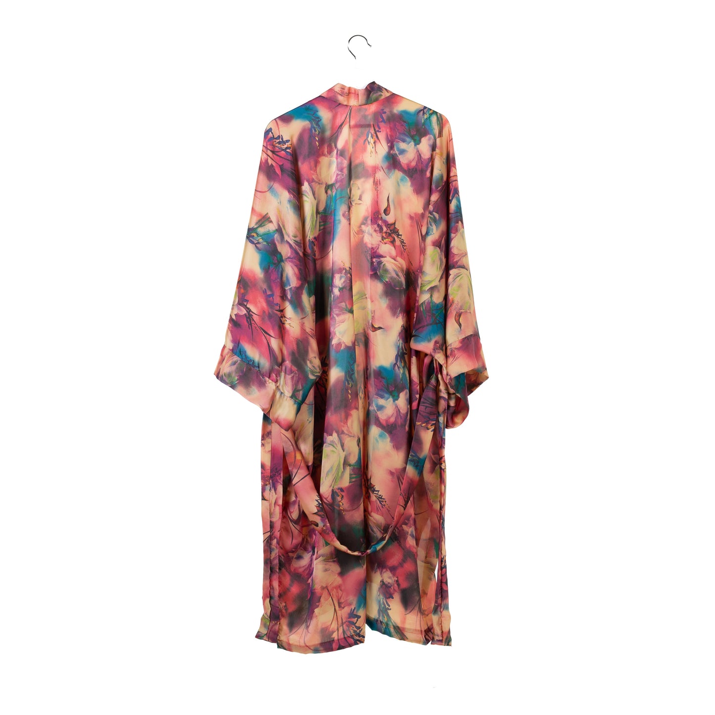 Natalie Anderson satin sunset kimono in orange, pink, nude and teal - back view