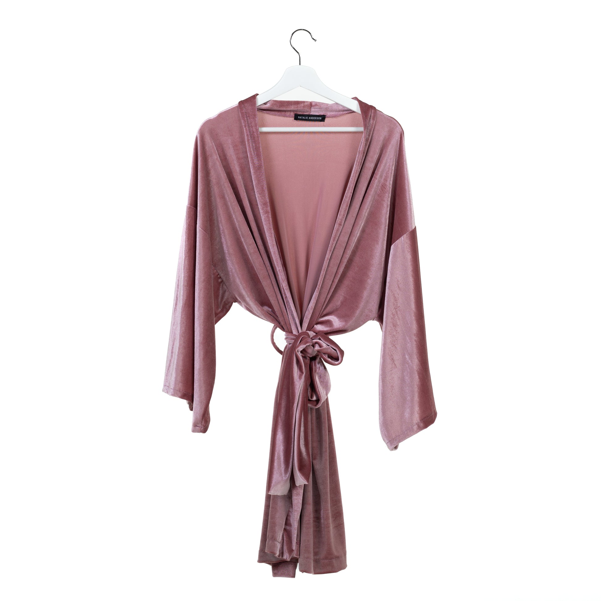 Natalie Anderson handmade velvet Robe with tie closure, blush pink - front view