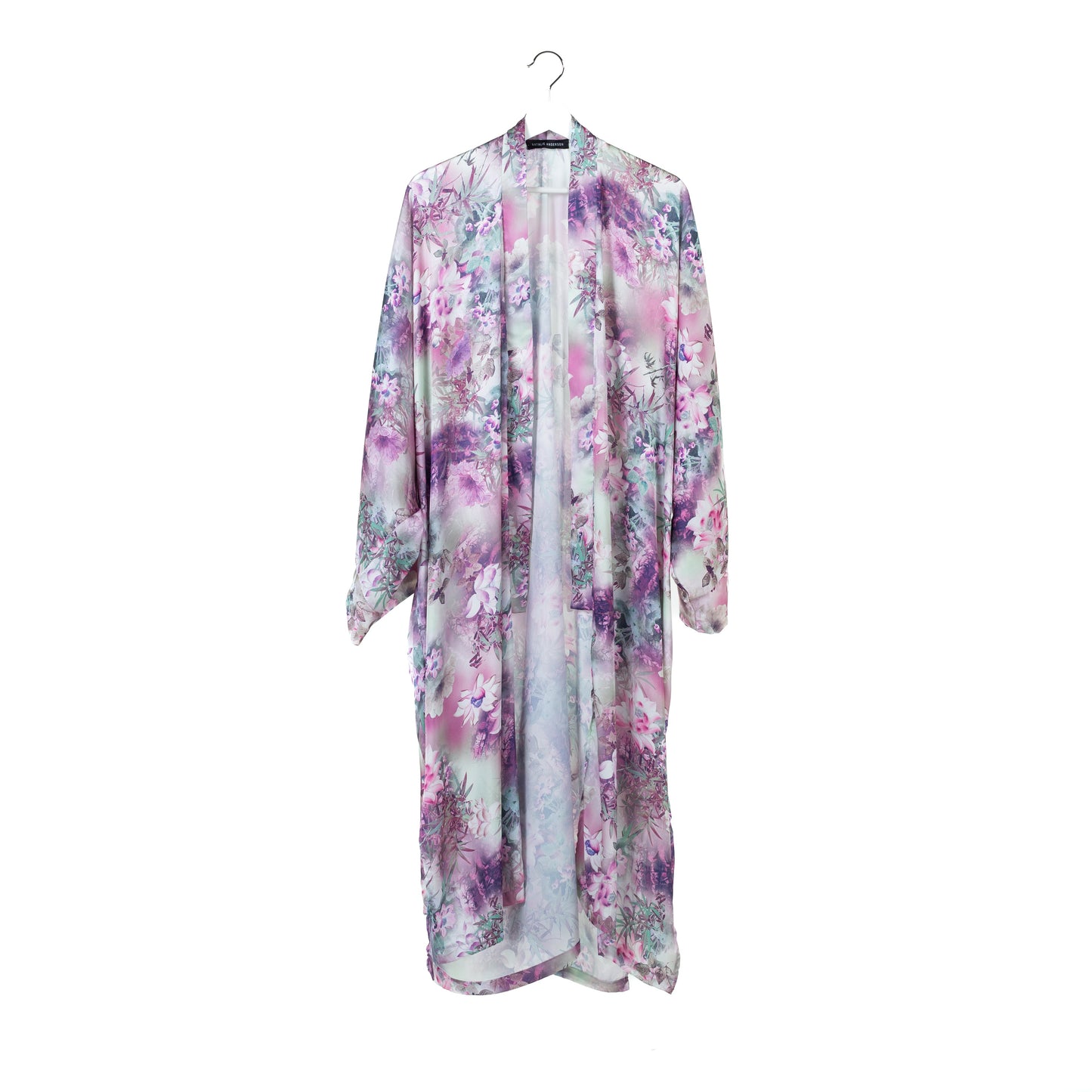 Natalie Anderson Pink and Purple satin water lily kimono - front view