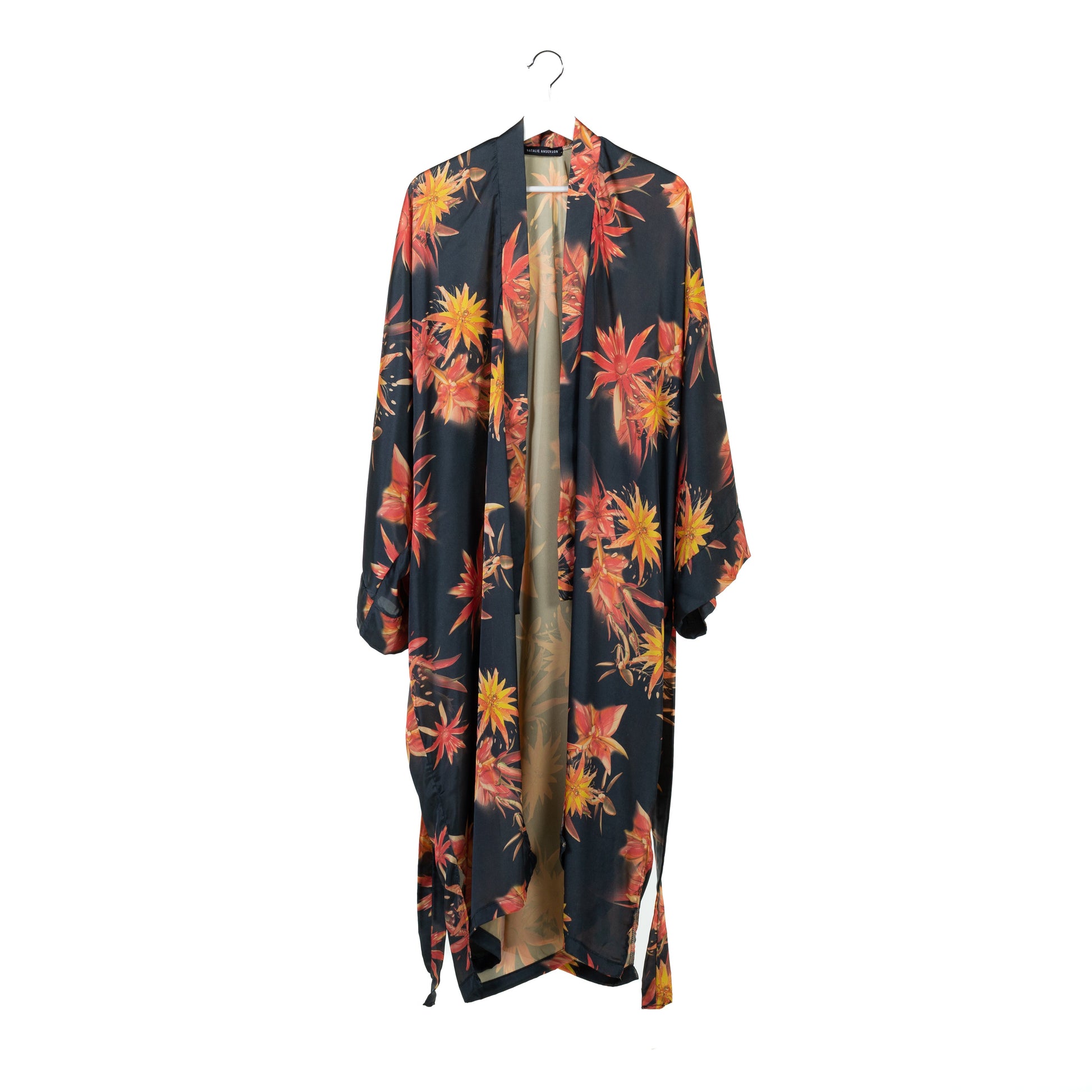 Natalie Anderson Black Satin sunburst kimono with orange and yellow flowers - front view