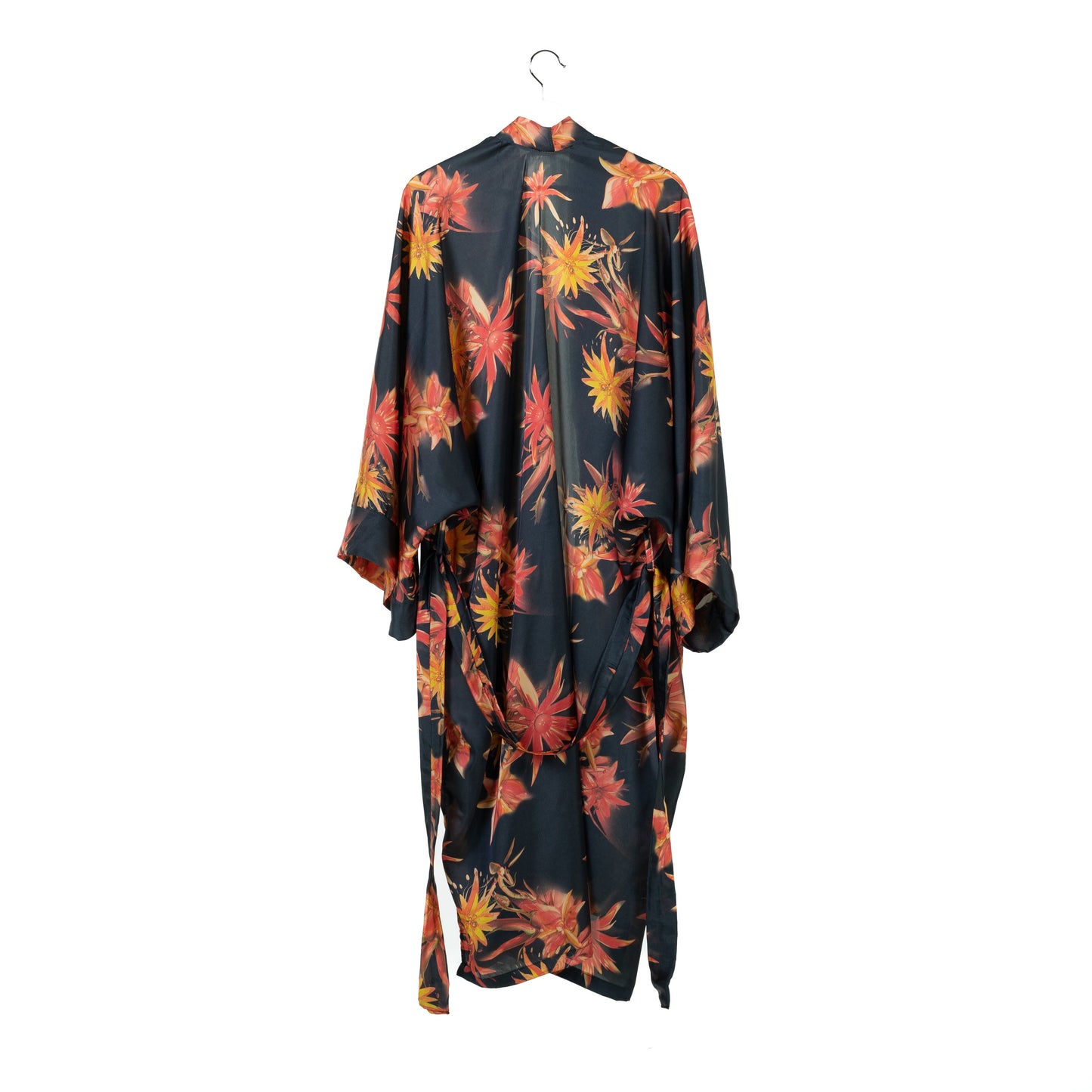 Natalie Anderson Black Satin sunburst kimono with orange and yellow flowers - back view with belt