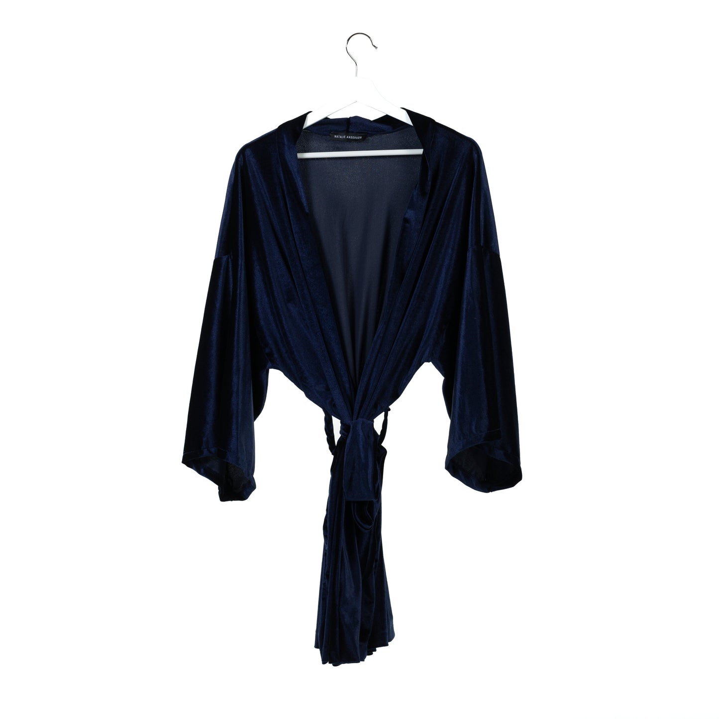 Natalie Anderson handmade velvet Robe with tie closure, navy blue - front view