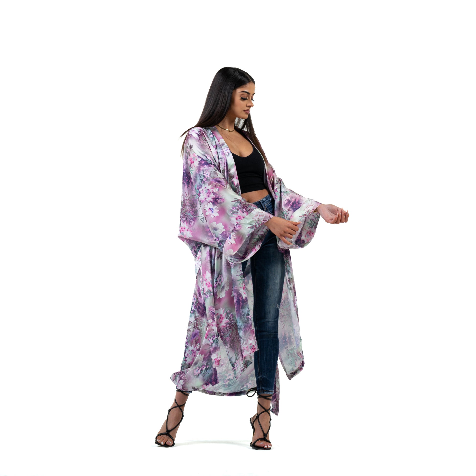 Natalie Anderson Pink and Purple satin water lily kimono - model jeans heels front view