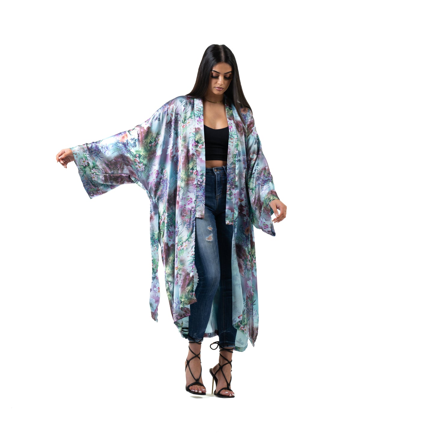 Natalie Anderson blue waterlily print satin kimono - model front day wear view