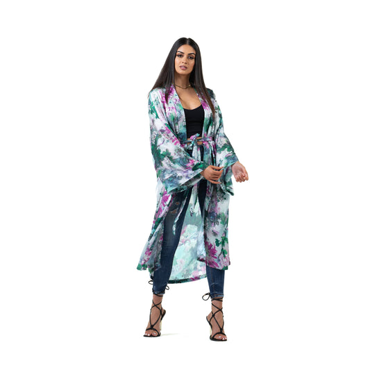 Natalie Anderson mint pastel floral kimono, fragrant bloom print - Model front view jeans heels