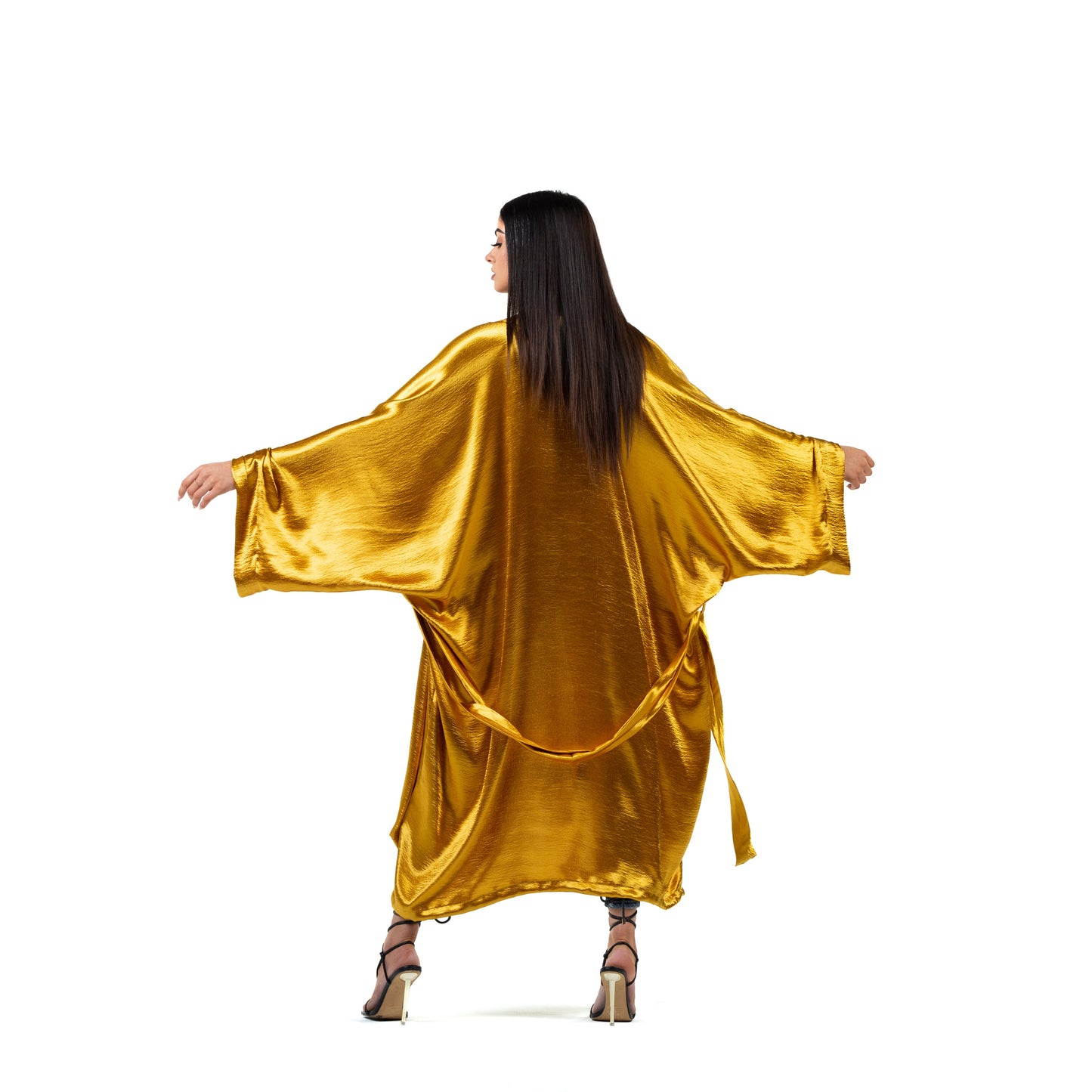 Natalie Anderson Gold liquid satin handmade kimono with full length sleeves and coordinating belt- model back view