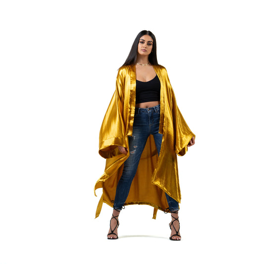 Natalie Anderson Gold liquid satin handmade kimono with full length sleeves and coordinating belt- model front view