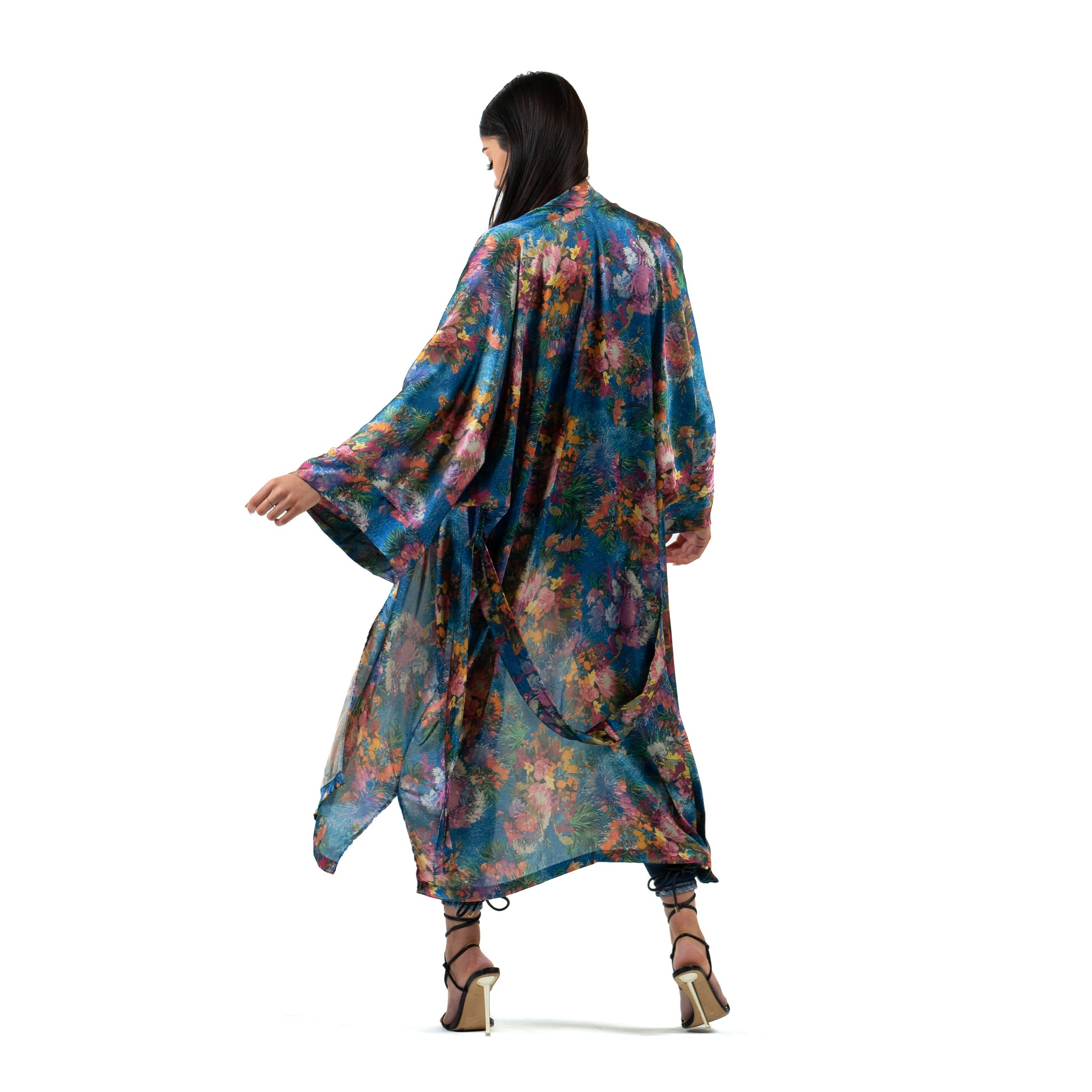 Natalie Anderson Satin painted floral brushstroke kimono royal blue - model back view