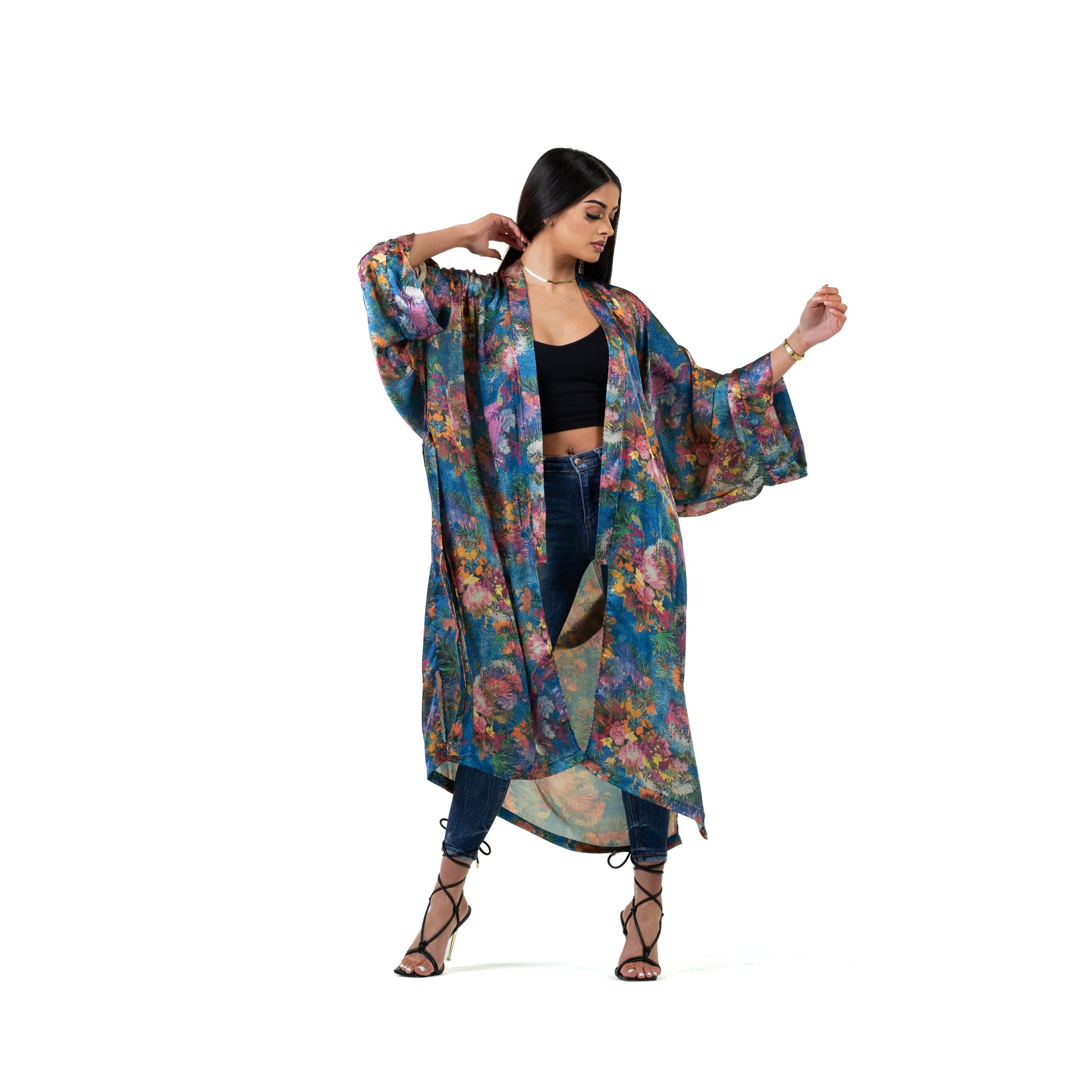 Natalie Anderson Satin painted floral brushstroke kimono royal blue - model front view jeans heels