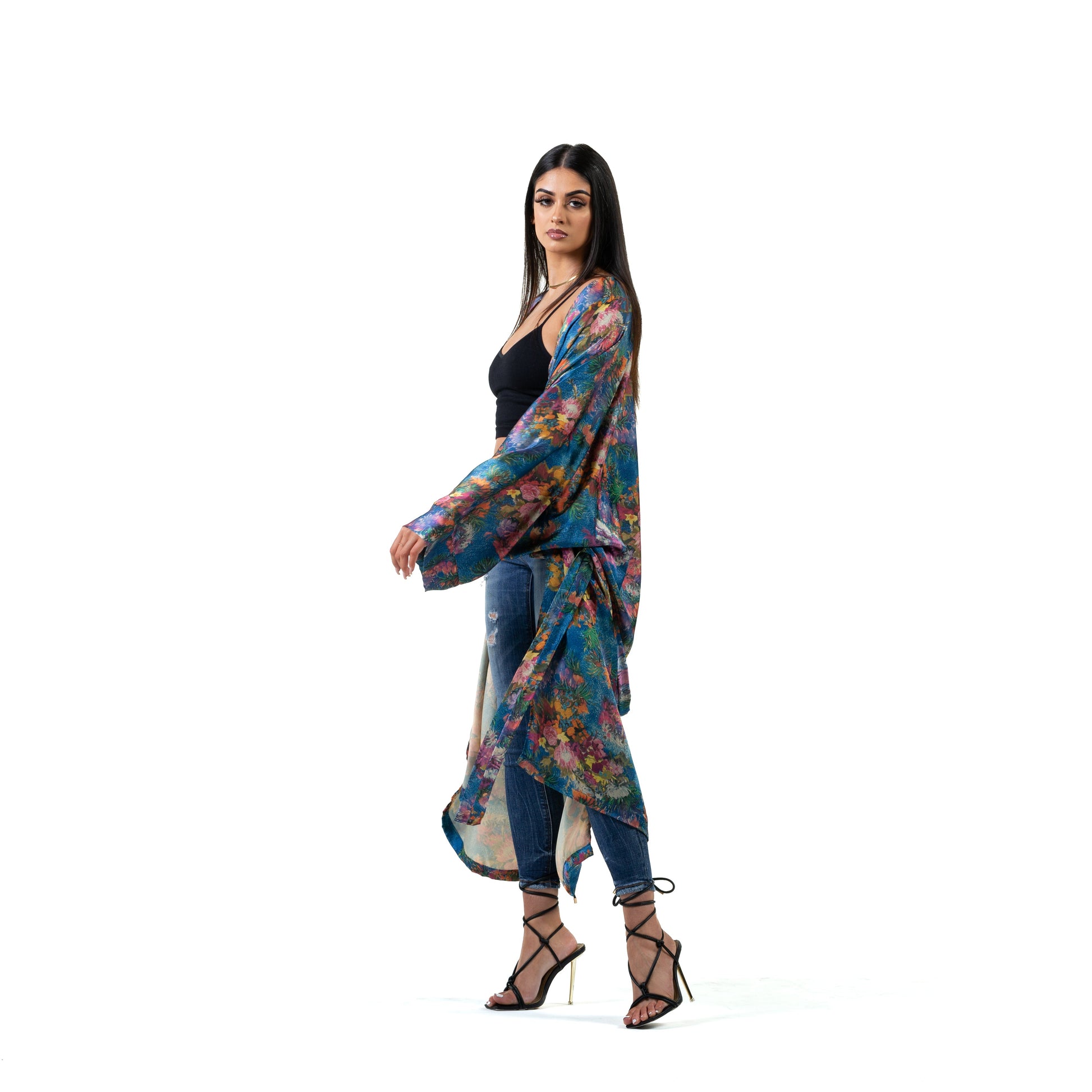 Natalie Anderson Satin painted floral brushstroke kimono royal blue - model day wear side view