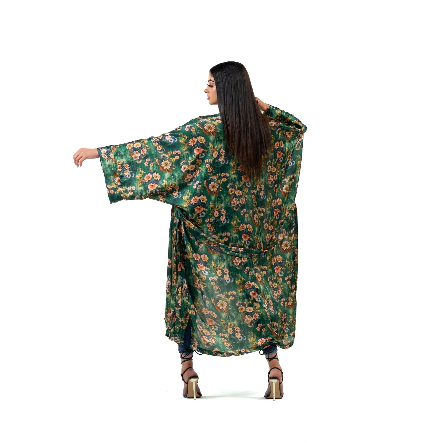 Natalie Anderson green and yellow satin sunflowers kimono - model back view with heels