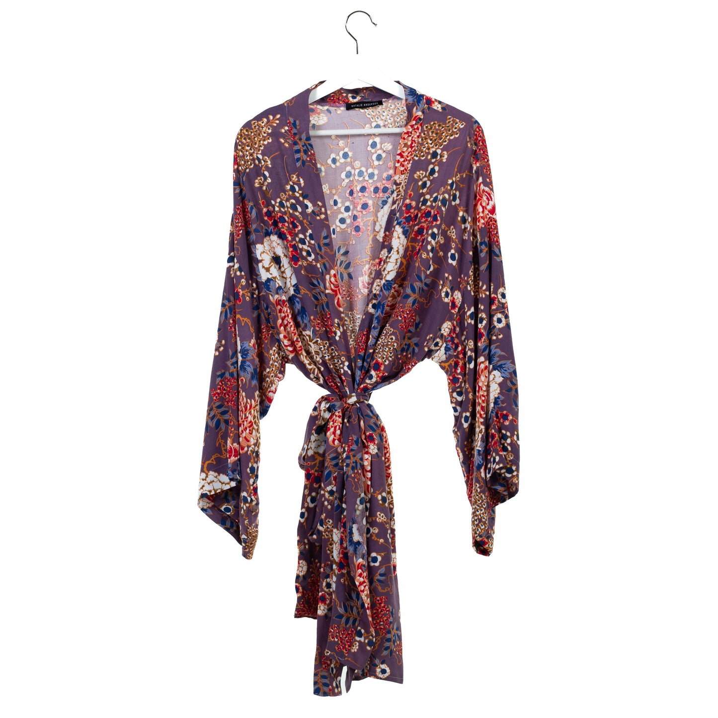 Natalie Anderson Chrysanthemum and blossom print mauve, violet, purple viscose robe - front view