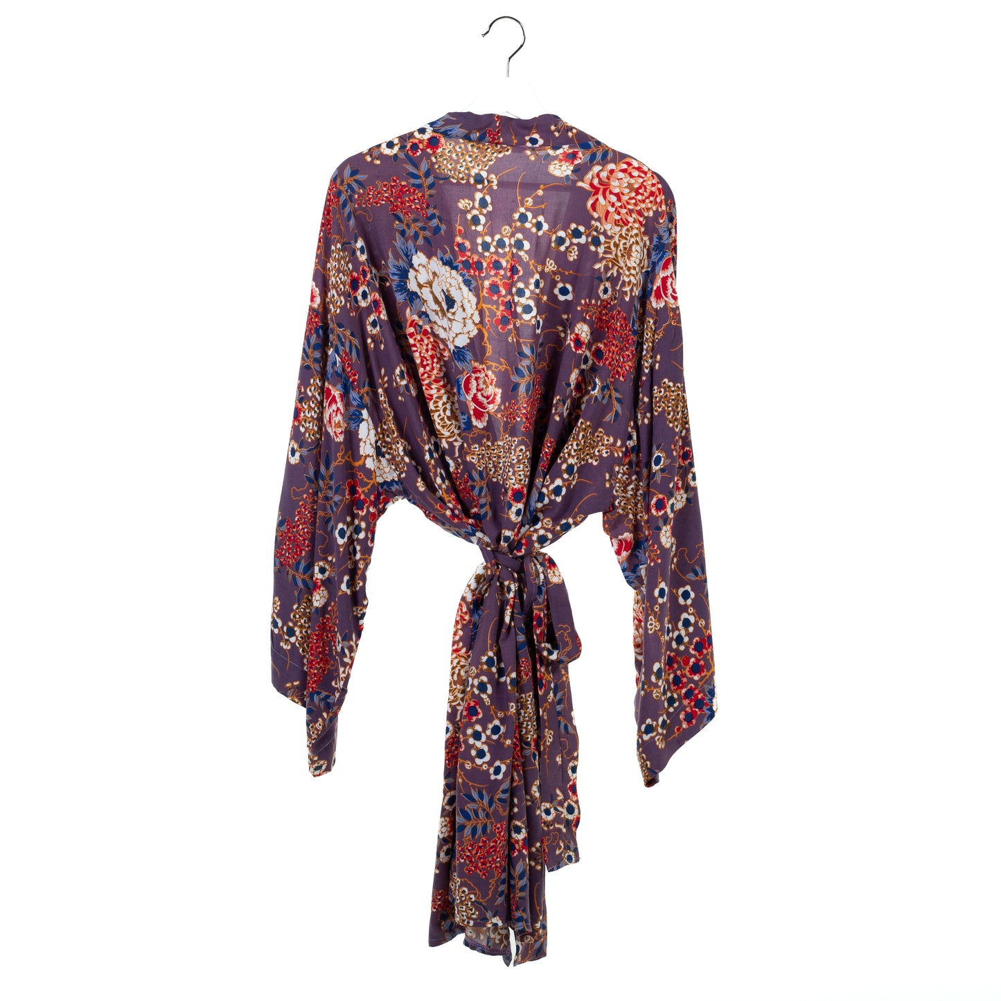 Natalie Anderson Chrysanthemum and blossom print mauve, violet, purple viscose robe - back view