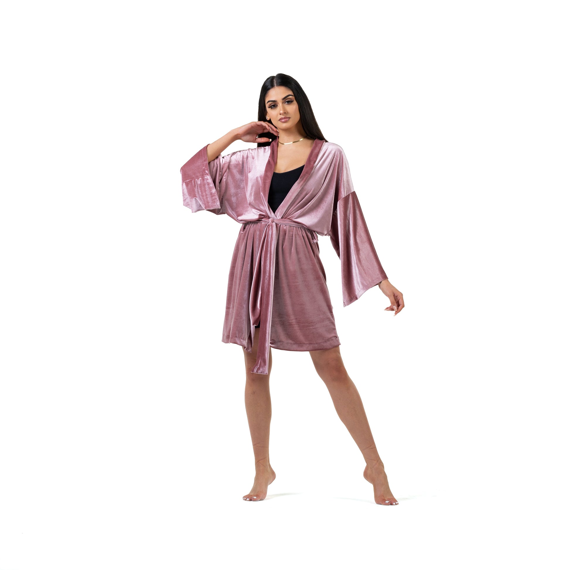 Natalie Anderson handmade velvet Robe with tie closure, blush pink - front model view