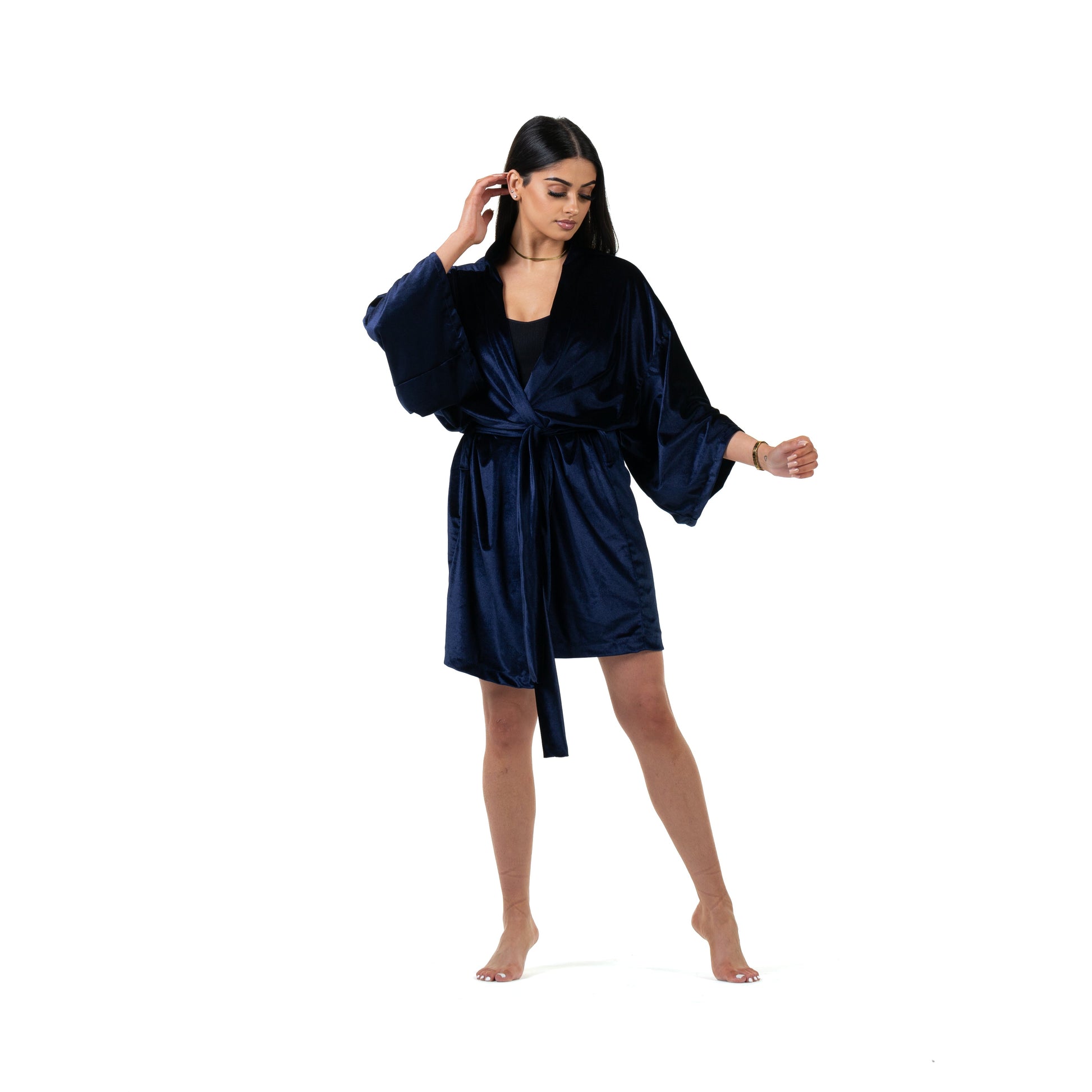 Natalie Anderson handmade velvet Robe with tie closure, navy blue - front model view