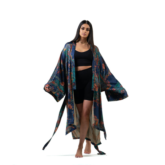 Natalie Anderson Navy liquid satin kimono with bamboo and Chrysanthemum print - model loungewear front view