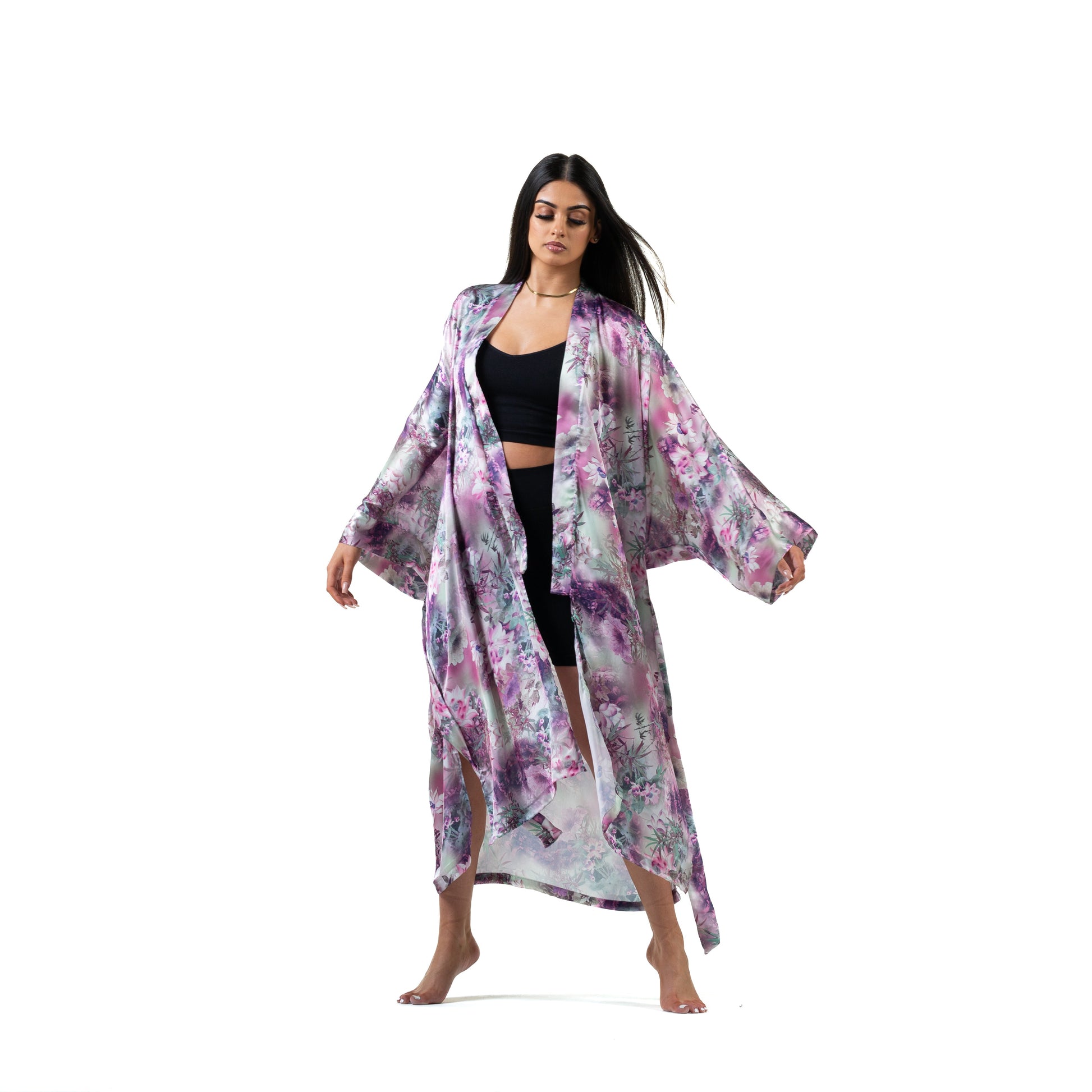 Natalie Anderson Pink and Purple satin water lily kimono - model loungewear front view