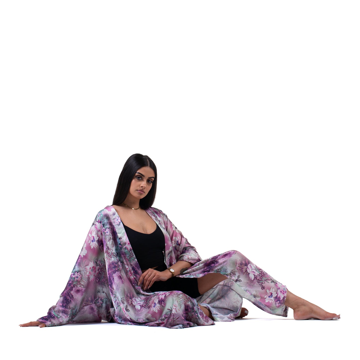 Natalie Anderson Pink and Purple satin water lily kimono - model loungewear floor view