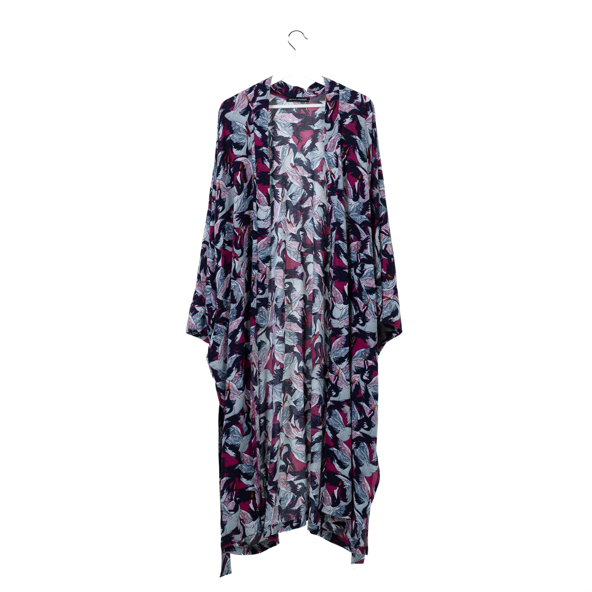 Natalie Anderson Crane print Viscose Kimono, Navy, grey and pink detailing , full sleeves with belt - front view