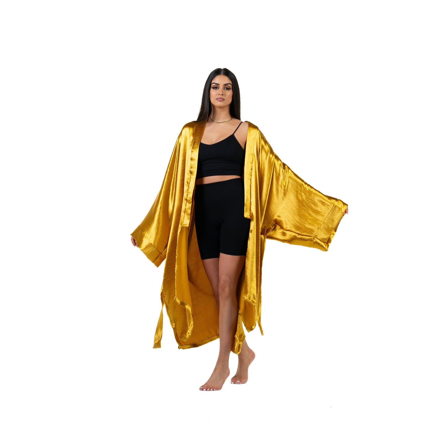 Natalie Anderson Gold liquid satin handmade kimono with full length sleeves and coordinating belt- model loungewear front view