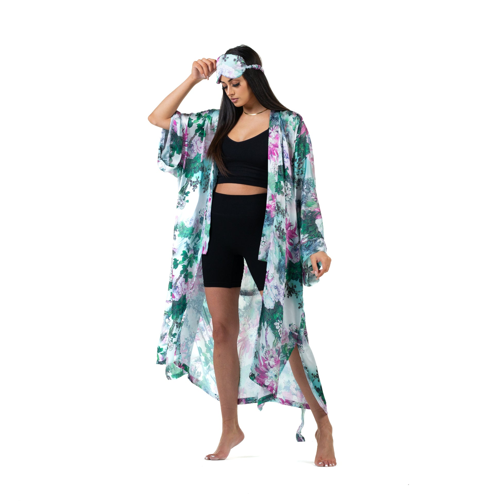 Natalie Anderson satin mint green and pink floral motif coordinating eye mask and loungewear kimono