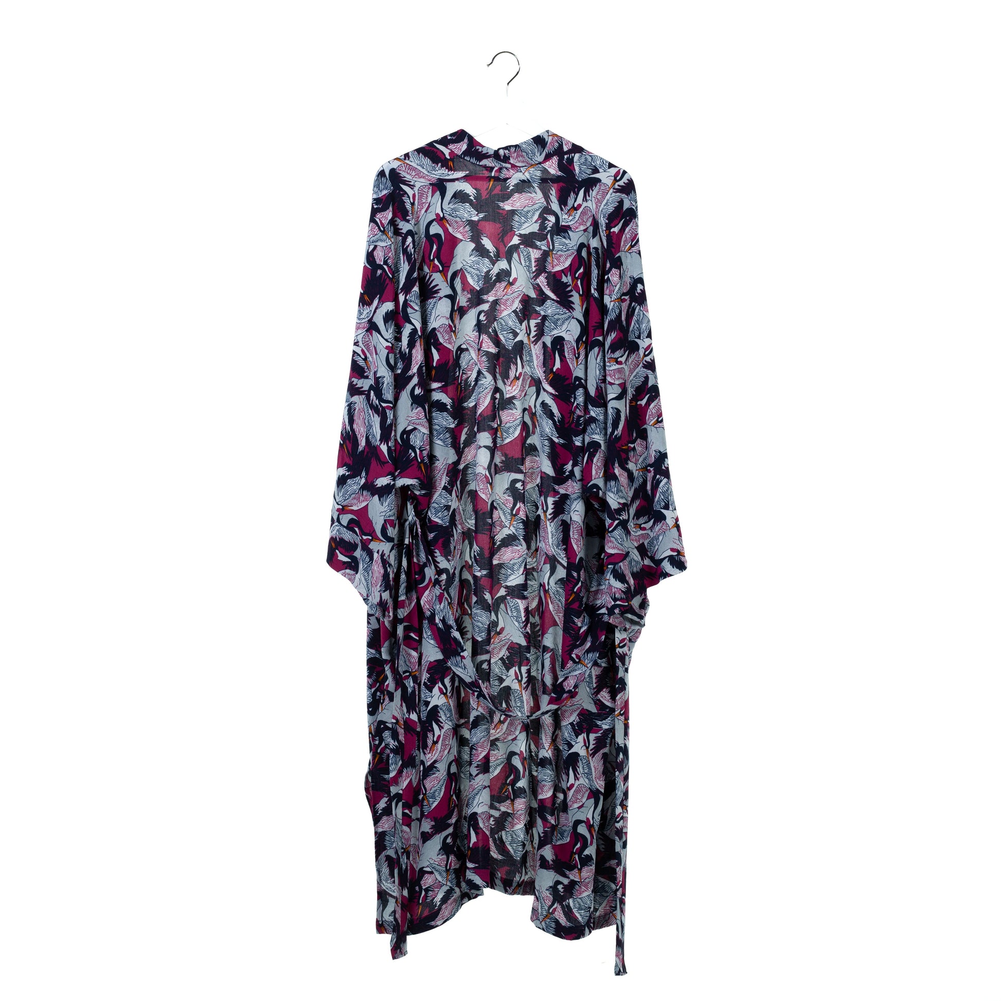 Natalie Anderson Crane print Viscose Kimono, Navy, grey and pink detailing , full sleeves with belt - back view