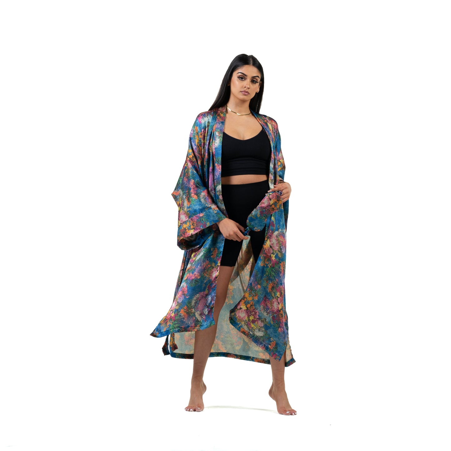 Natalie Anderson Satin painted floral brushstroke kimono and eye mask royal blue - model loungewear front view