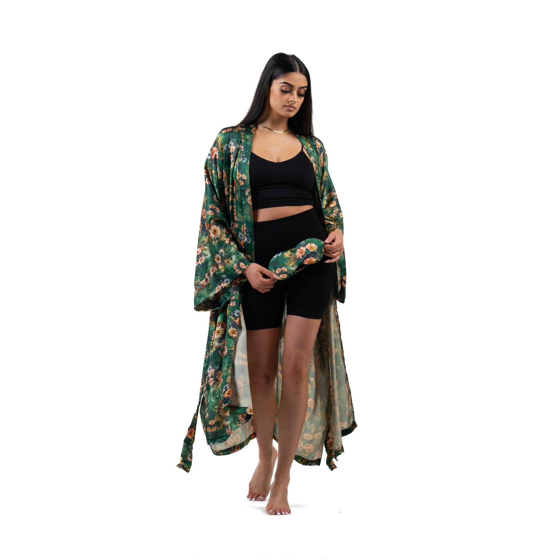 Natalie Anderson green and yellow satin sunflowers kimono - model front view with matching eye mask