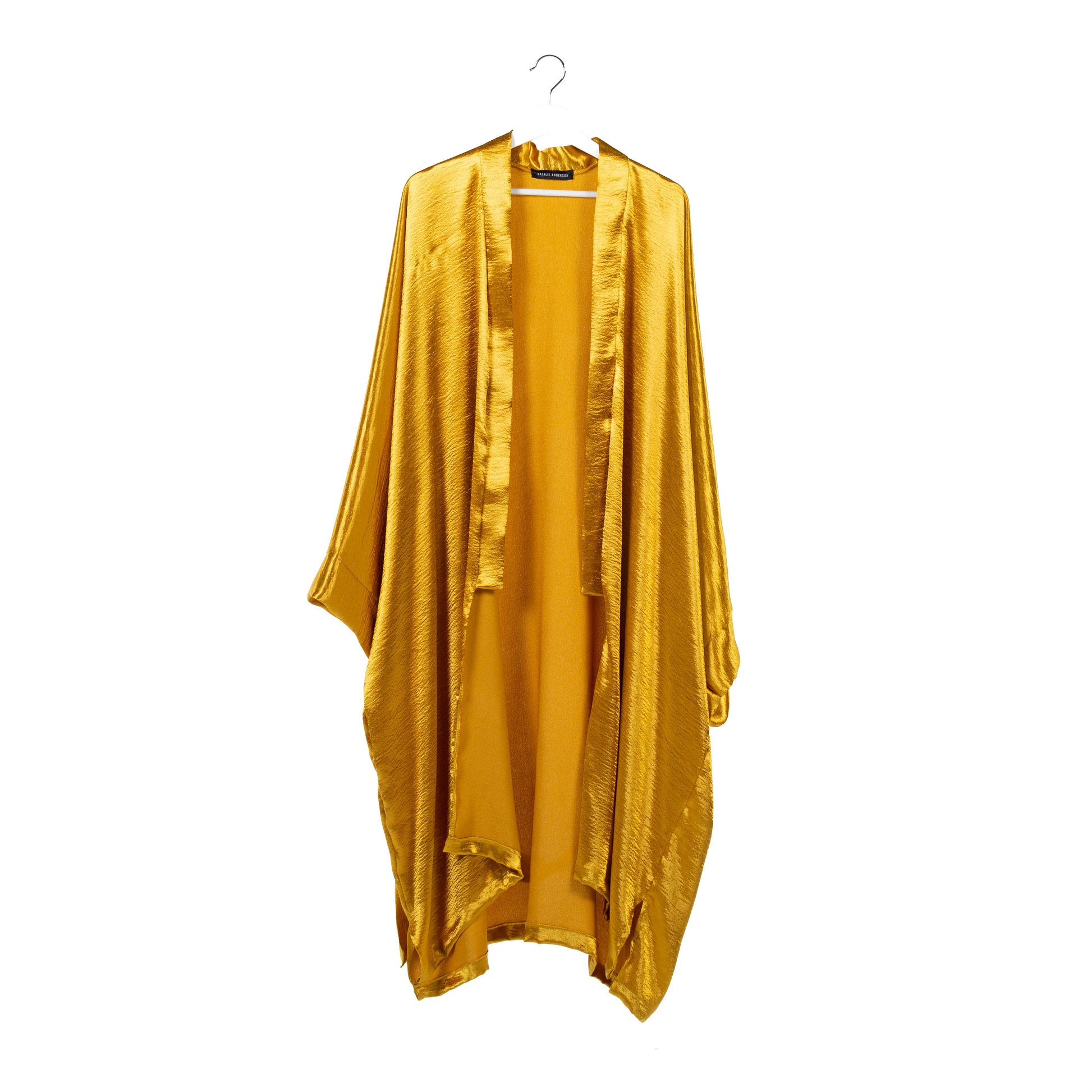 Natalie Anderson Gold liquid satin handmade kimono with full length sleeves and coordinating belt - front view