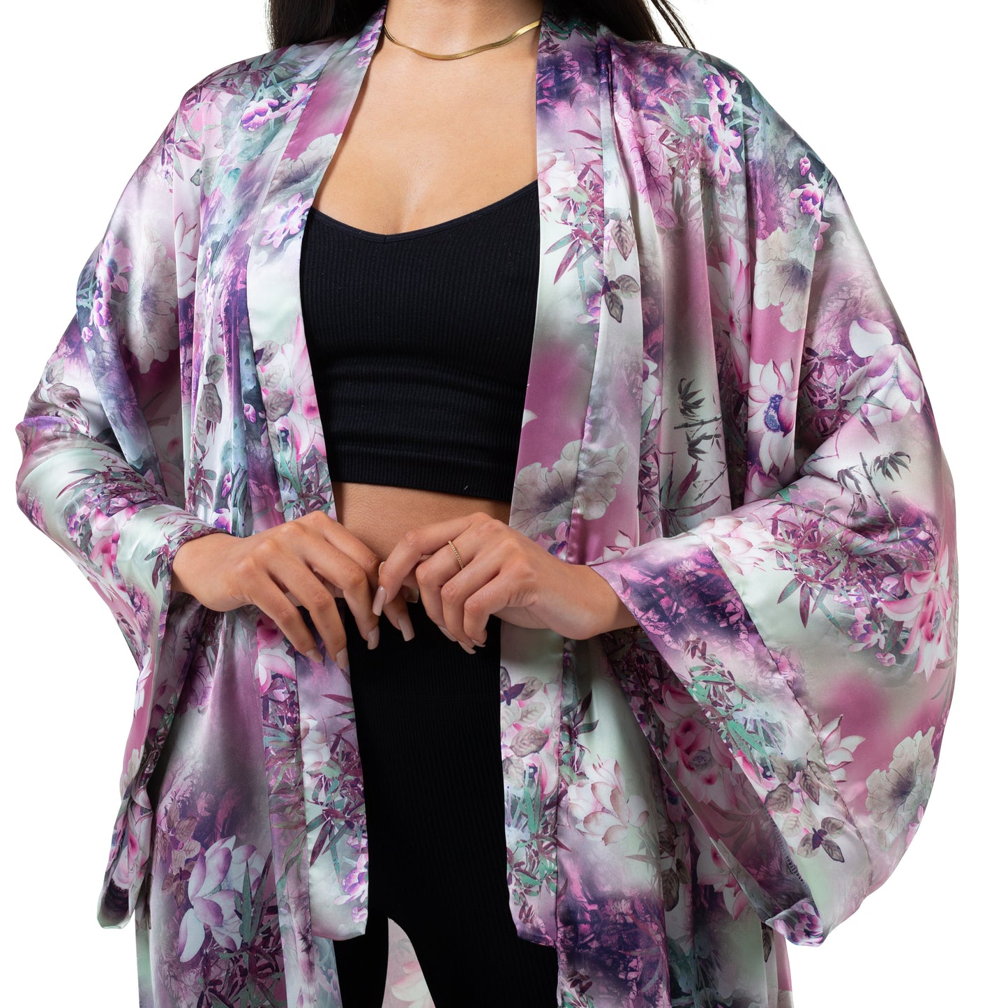 Natalie Anderson Pink and Purple satin water lily kimono close up