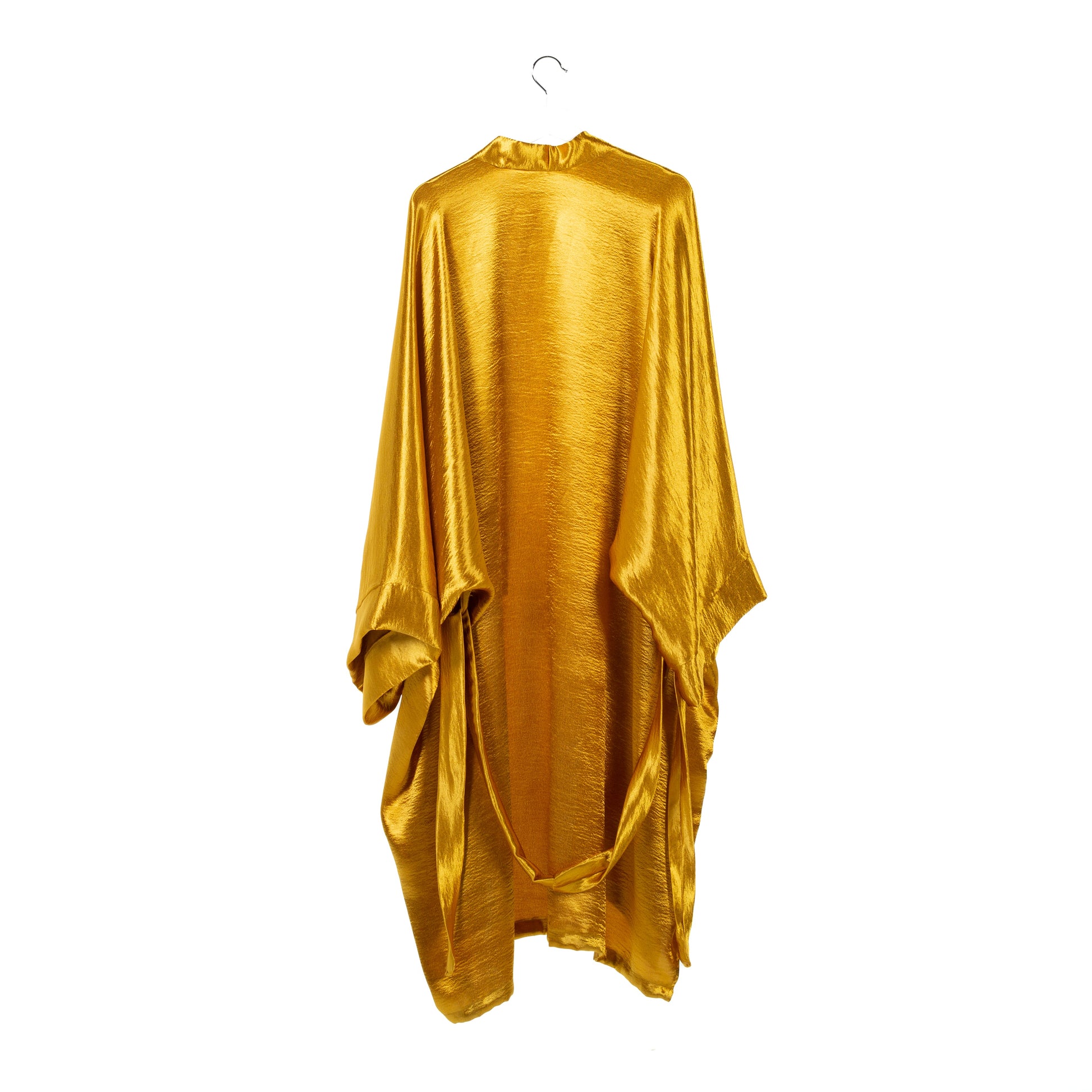 Natalie Anderson Gold liquid satin handmade kimono with full length sleeves and coordinating belt- back view