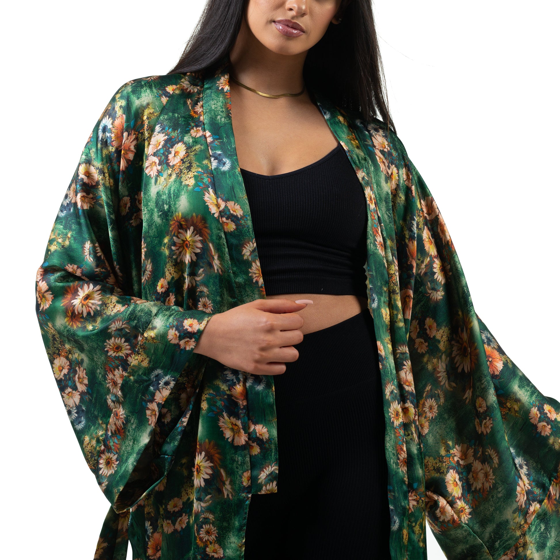 Natalie Anderson green and yellow satin sunflowers kimono - close up