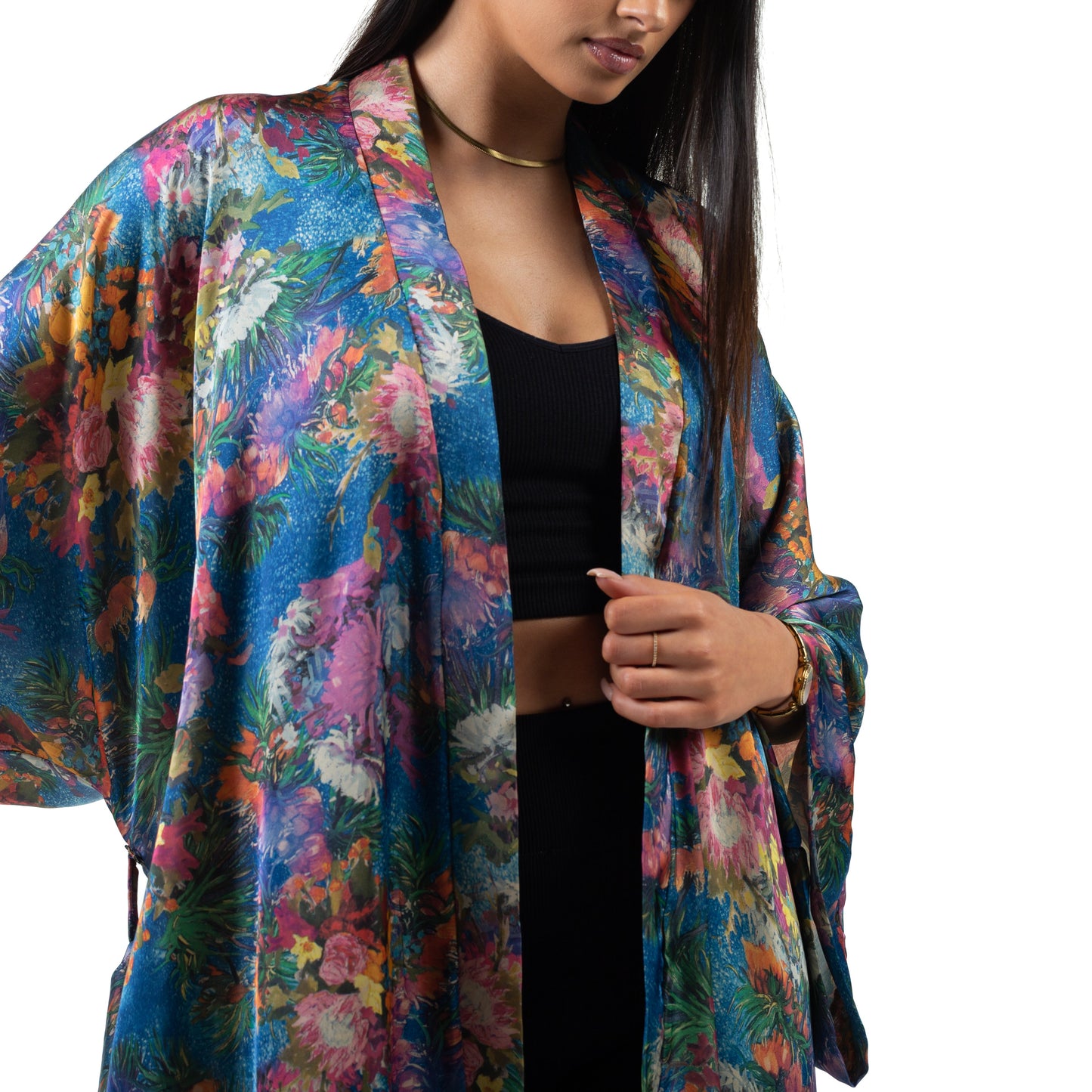 Natalie Anderson Satin painted floral brushstroke kimono royal blue - front view model print close up