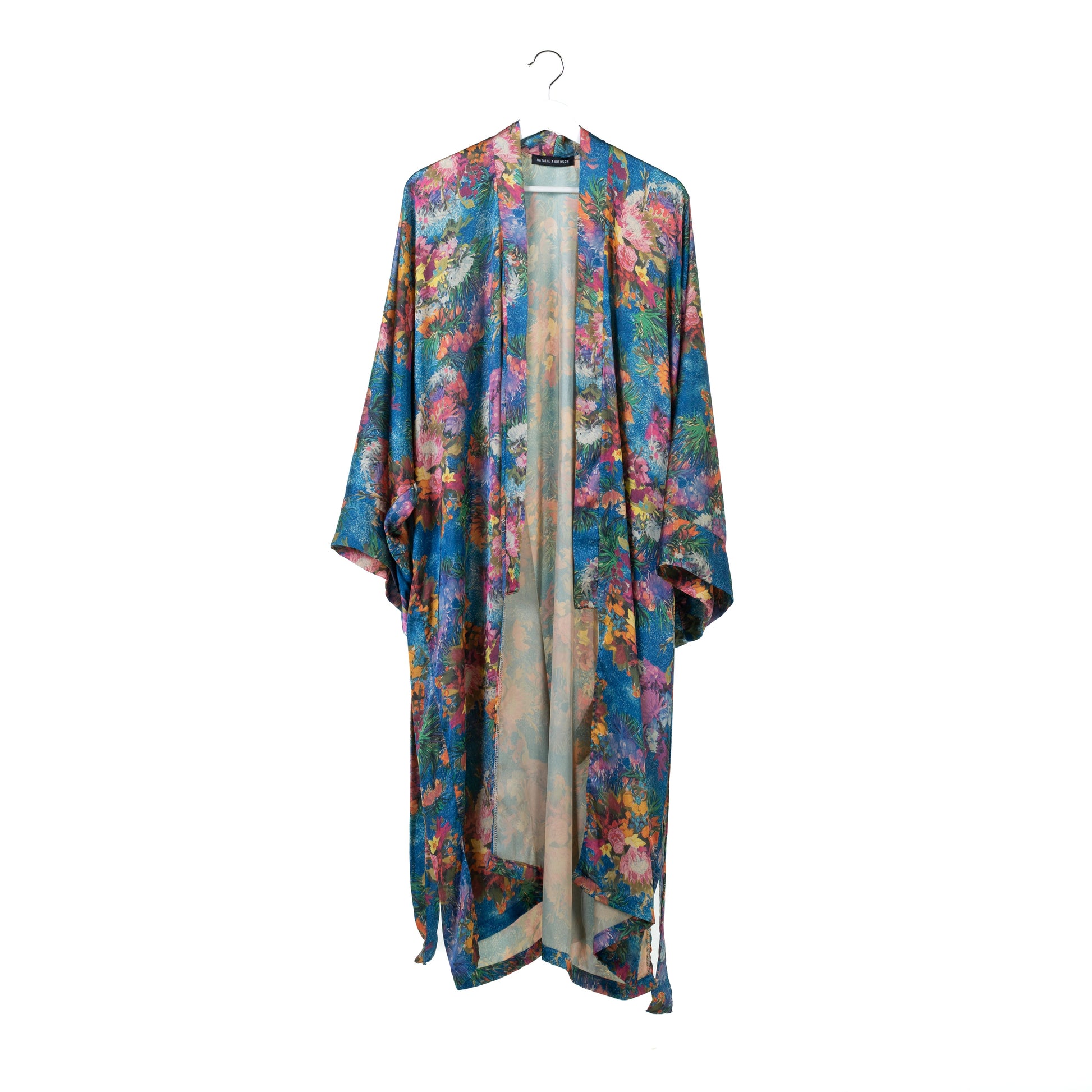 Natalie Anderson Satin painted floral brushstroke kimono royal blue - front view