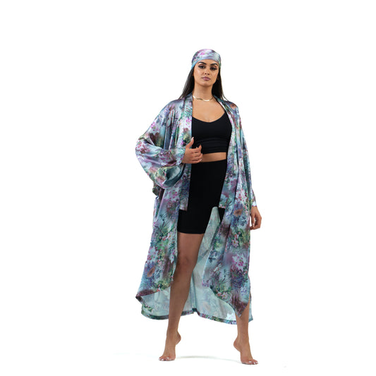 Natalie Anderson blue waterlily print satin kimono and head hair scarf- model loungewear front view